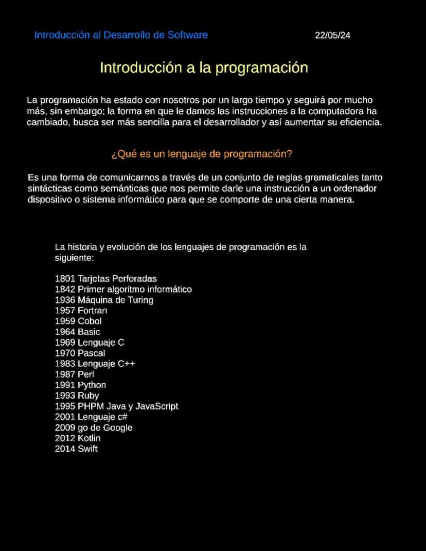 Introducción al Desarrollo de Software
06/05/2024
Introduccion al desarrollo de Software
Software
Según la Enciclopedia Concepto (2022), "El