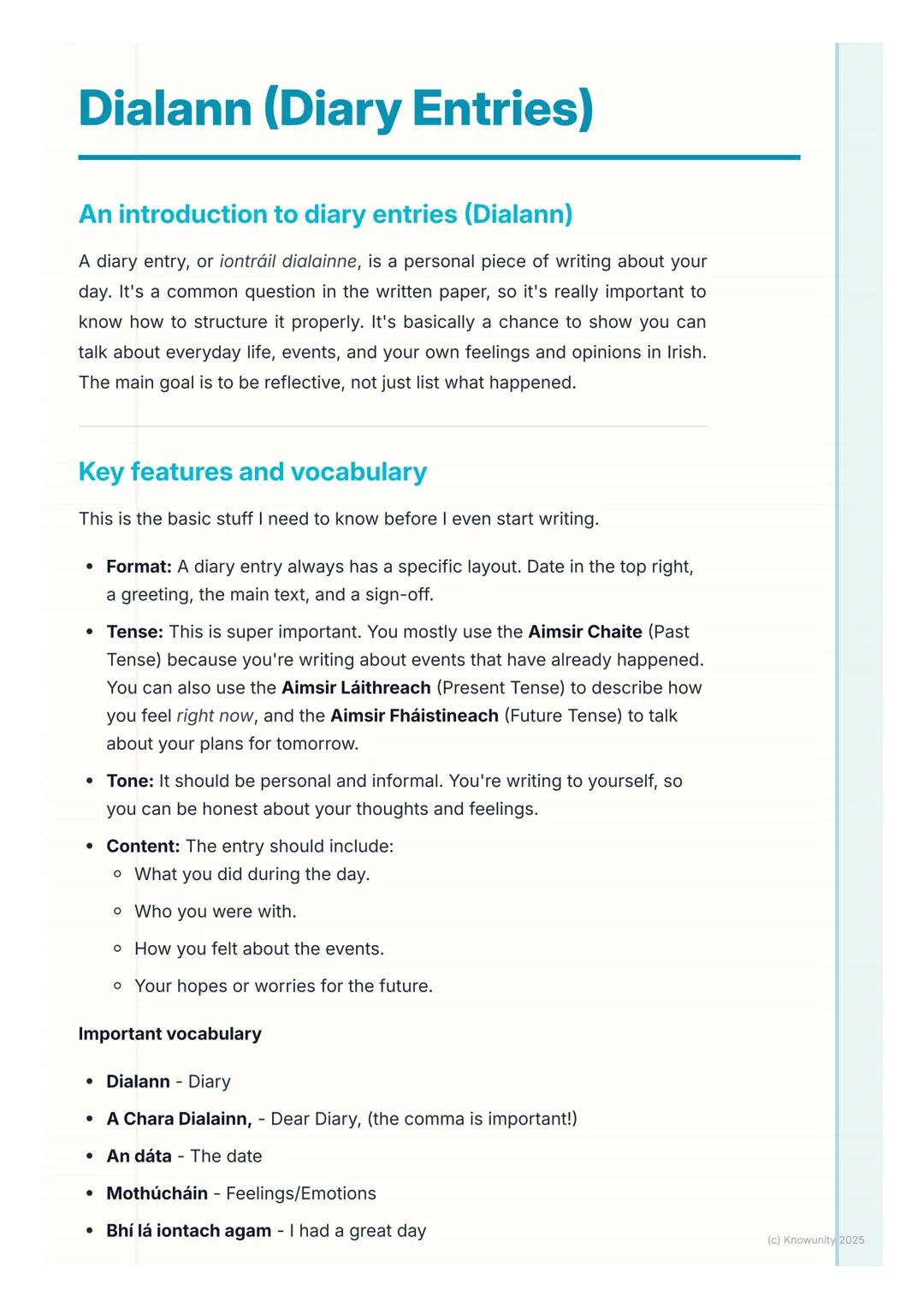 # Dialann (Diary Entries)

An introduction to diary entries (Dialann)

A diary entry, or iontráil dialainne, is a personal piece of writing 