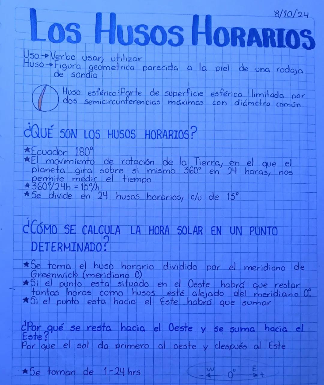 8/10/24
# Los Husos HORARIOS
* Uso Verbo usar, utilizar
* Huso Figura geometrica parecida a la piel de una rodaja
de sandia

* Huso esférico