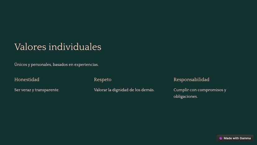 ¿Qué son los valores?
Principios que definen lo que es correcto e importante.
Creencias
Moral
Guían nuestras decisiones.
Influyen en nuestro