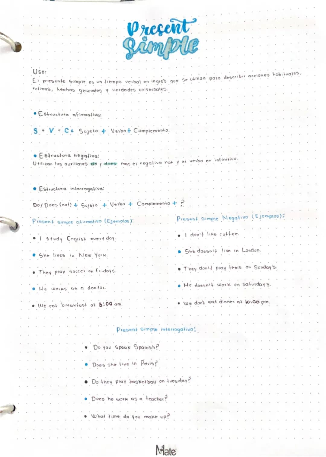 Uso:
Present
Simple
E presente Simple es un tiempo verbal en ingles que se utiliza para describir acciones habituales,
rotinas, hechos gener