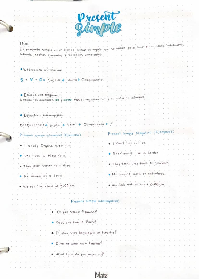 Uso:
Present
Simple
E presente Simple es un tiempo verbal en ingles que se utiliza para describir acciones habituales,
rotinas, hechos gener