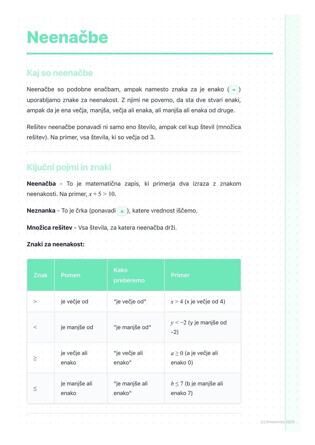 # Neenačbe

Kaj so neenačbe

Neenačbe so podobne enačbam, ampak namesto znaka za je enako ( = )
uporabljamo znake za neenakost. Z njimi ne p