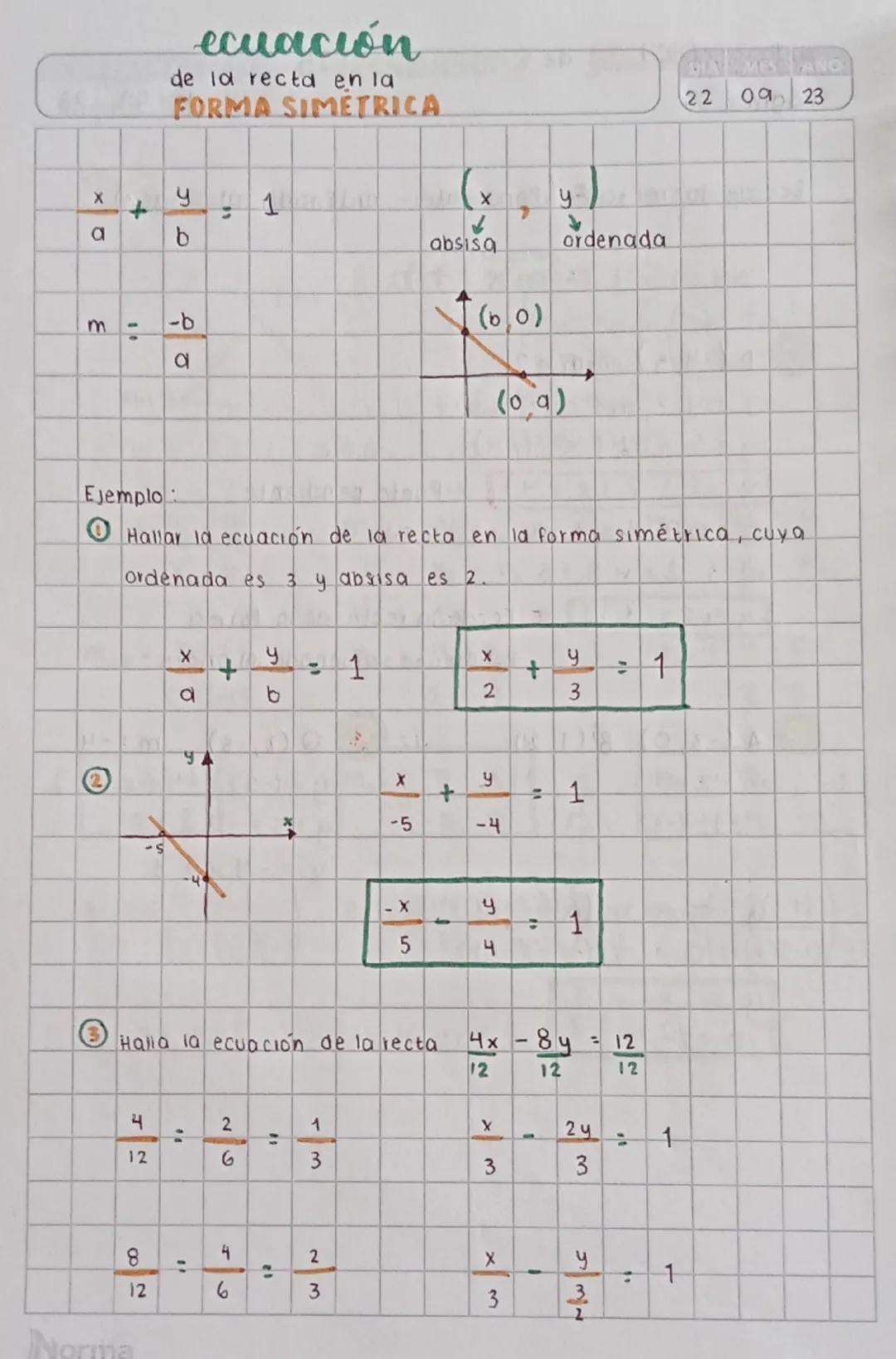 X
a
+
ecuación
de la recta en la
FORMA SIMETRICA
y
b
m
-b
이
Ejemplo:
absisa
y
ordenada
(bo)
(09)
ANO
22
09 23
①Hallar la ecuación de la rect