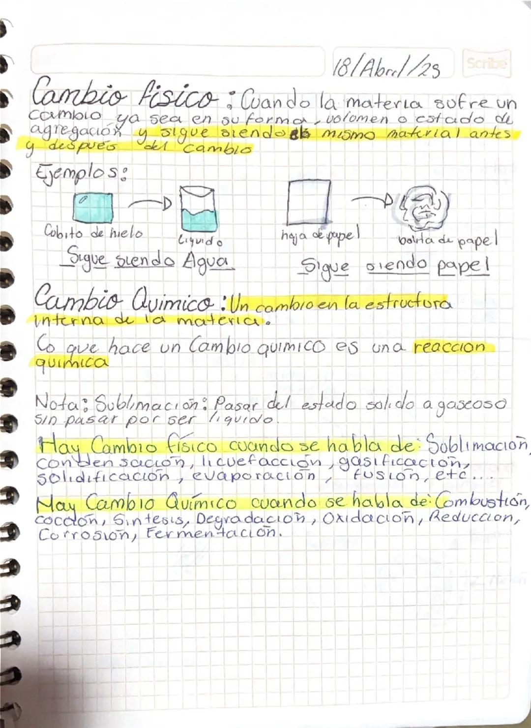 # Cambio Físico : Cuando la materia sufre un cambio ya sea en su forma, volumen o estado de agregación y sigue siendo el mismo material ante