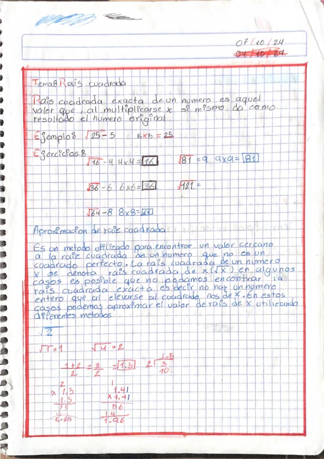 --- OCR Start ---
OF/10/24
04/10/24
Temas Rais cuadrada
Rais cuadrada exacta de un numero es aquel
valor que, al multiplicarse x si mismo da