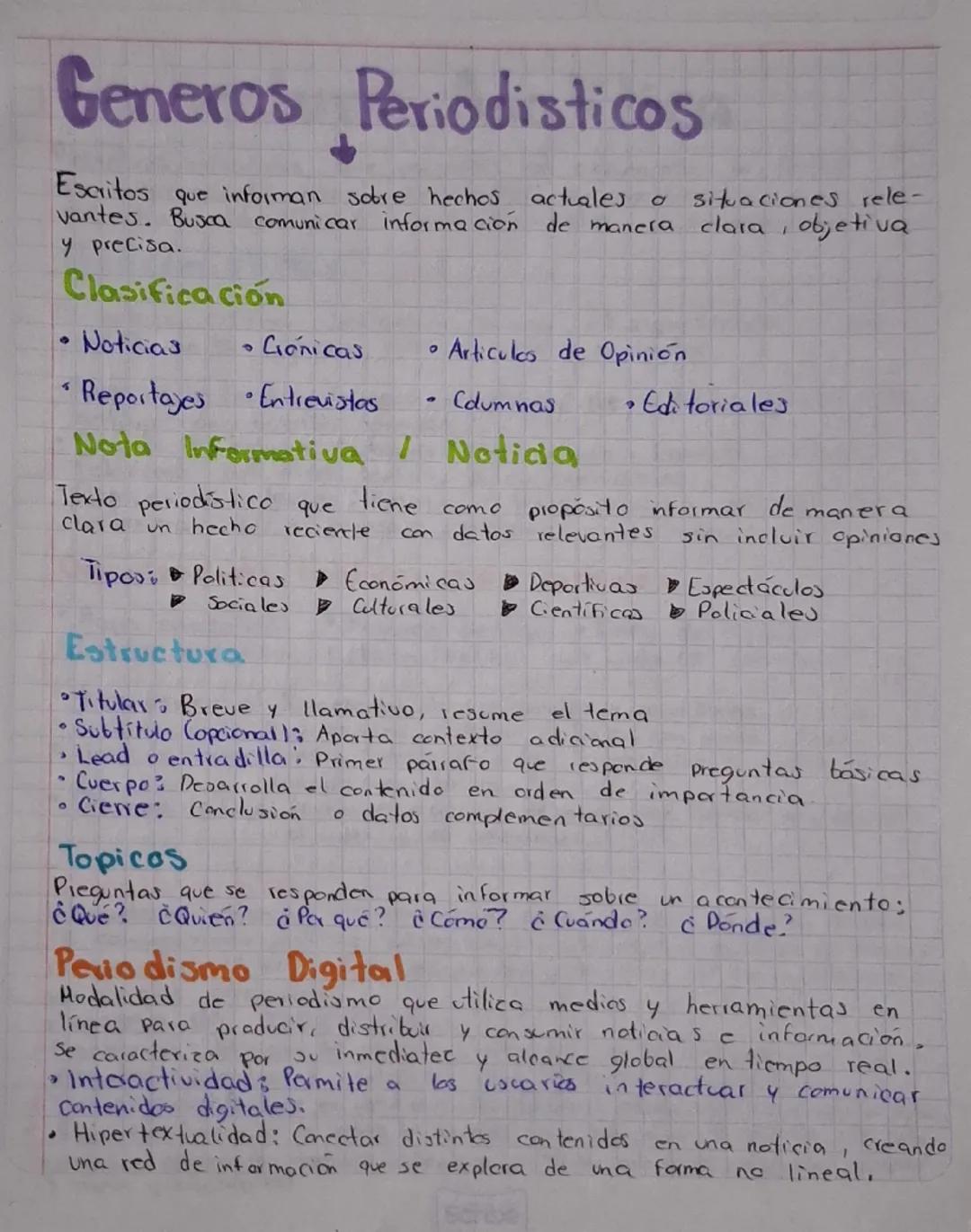 Generos Periodisticos
Escritos
que informan sobre hechos actuales 0
información de manera
situaciones rele-
clara, objetiva
vantes. Busca co