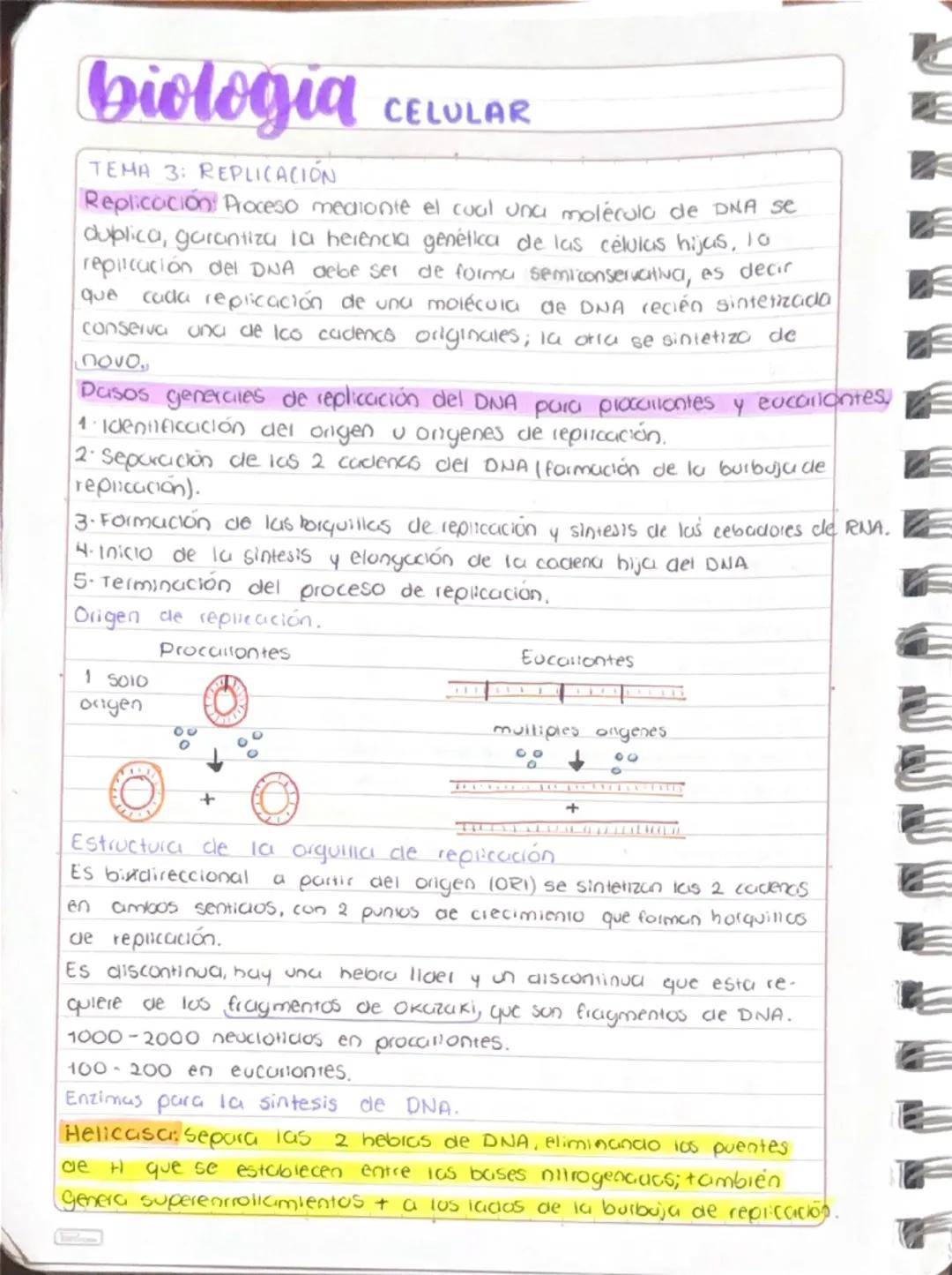 # biologia CELULAR

TEMA 3: REPLICACIÓN

Replicación Proceso mediante el cual una molécula de DNA se
duplica, garantiza la herência genética
