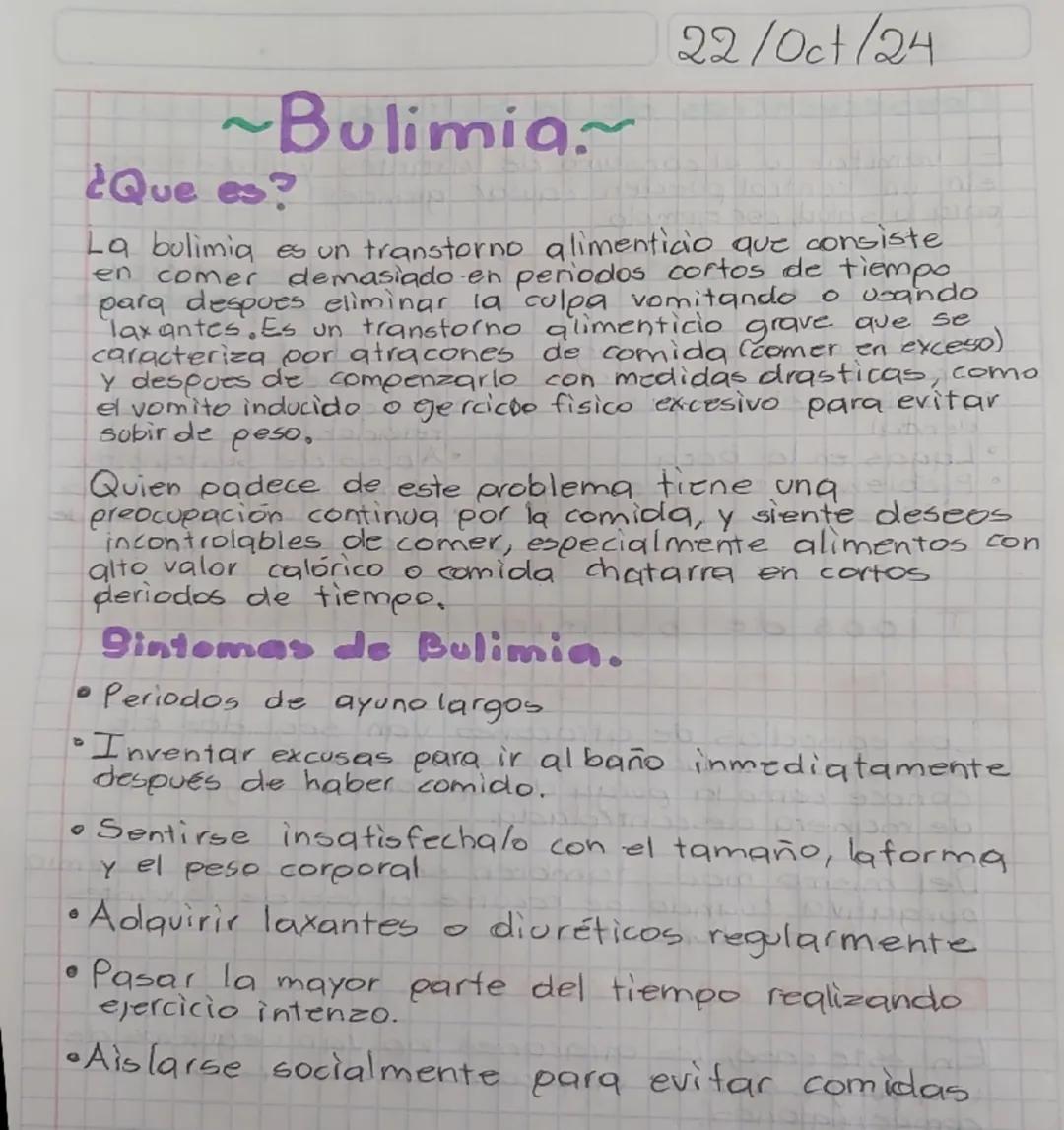 22/Oct/24

~Bulimia~

¿Que es?

La bulimia es un transtorno alimenticio que consiste
en comer demasiado en periodos cortos de tiempo
para de