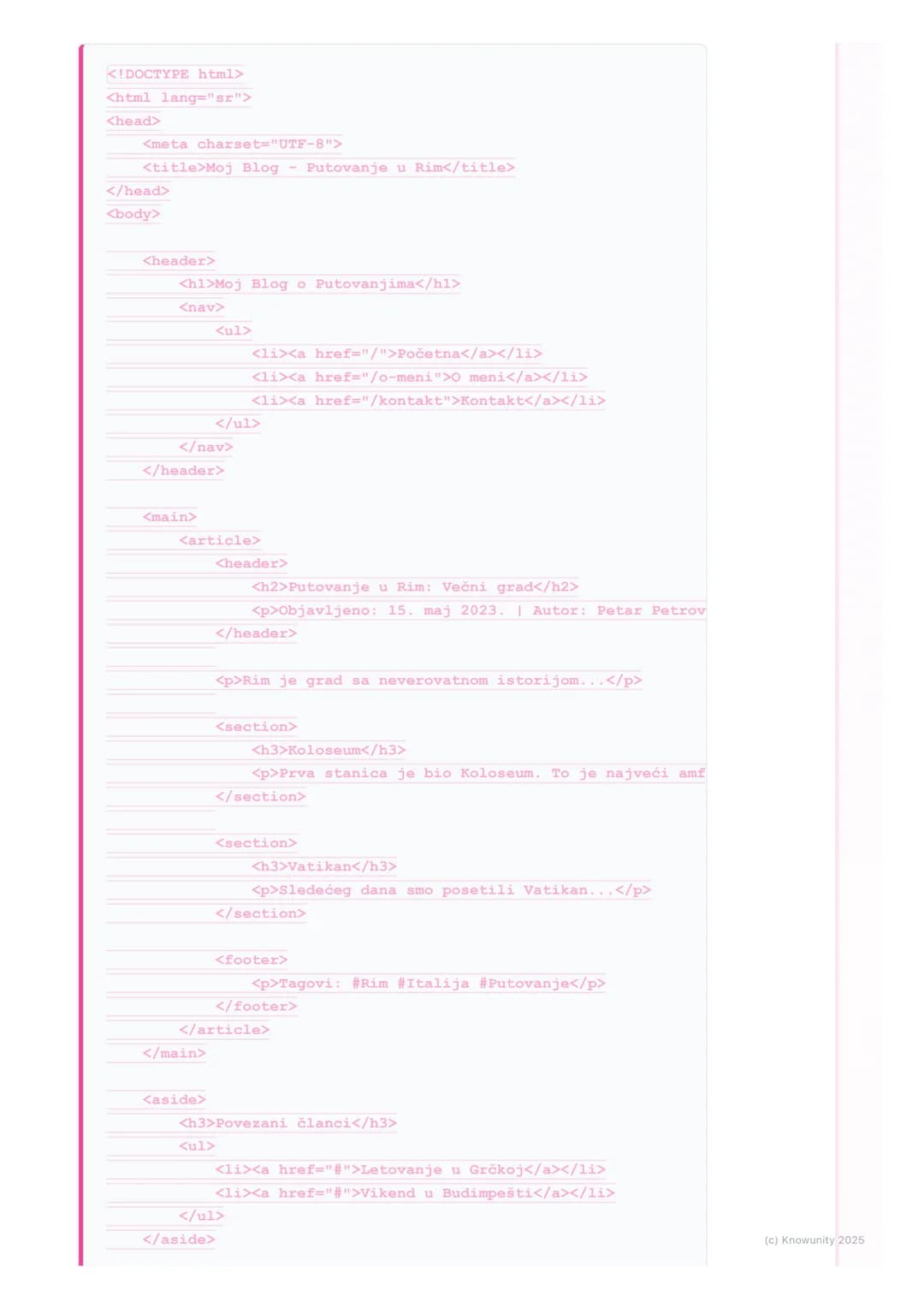 # HTML5-Struktura i
semantika

Uvod u HTML5 semantiku

HTML5 je uveo nove elemente koji pomažu da se bolje opiše struktura veb
stranice. Pre