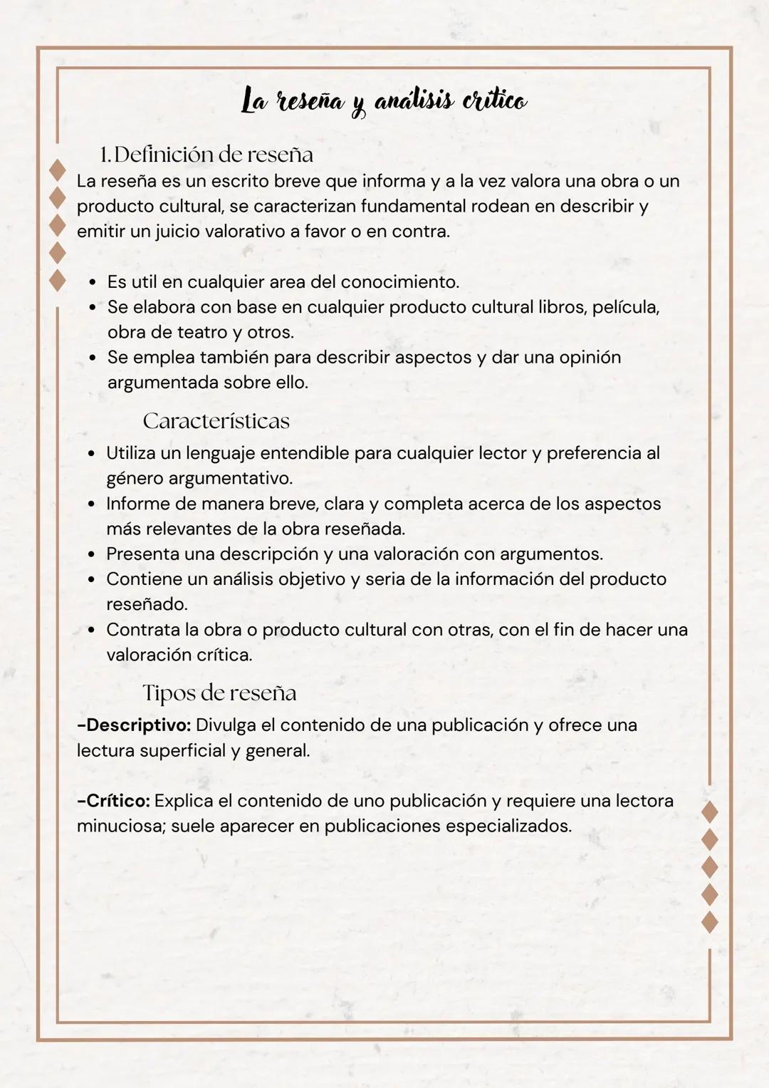 # La reseña y análisis critico

1. Definición de reseña

La reseña es un escrito breve que informa y a la vez valora una obra o un
producto 