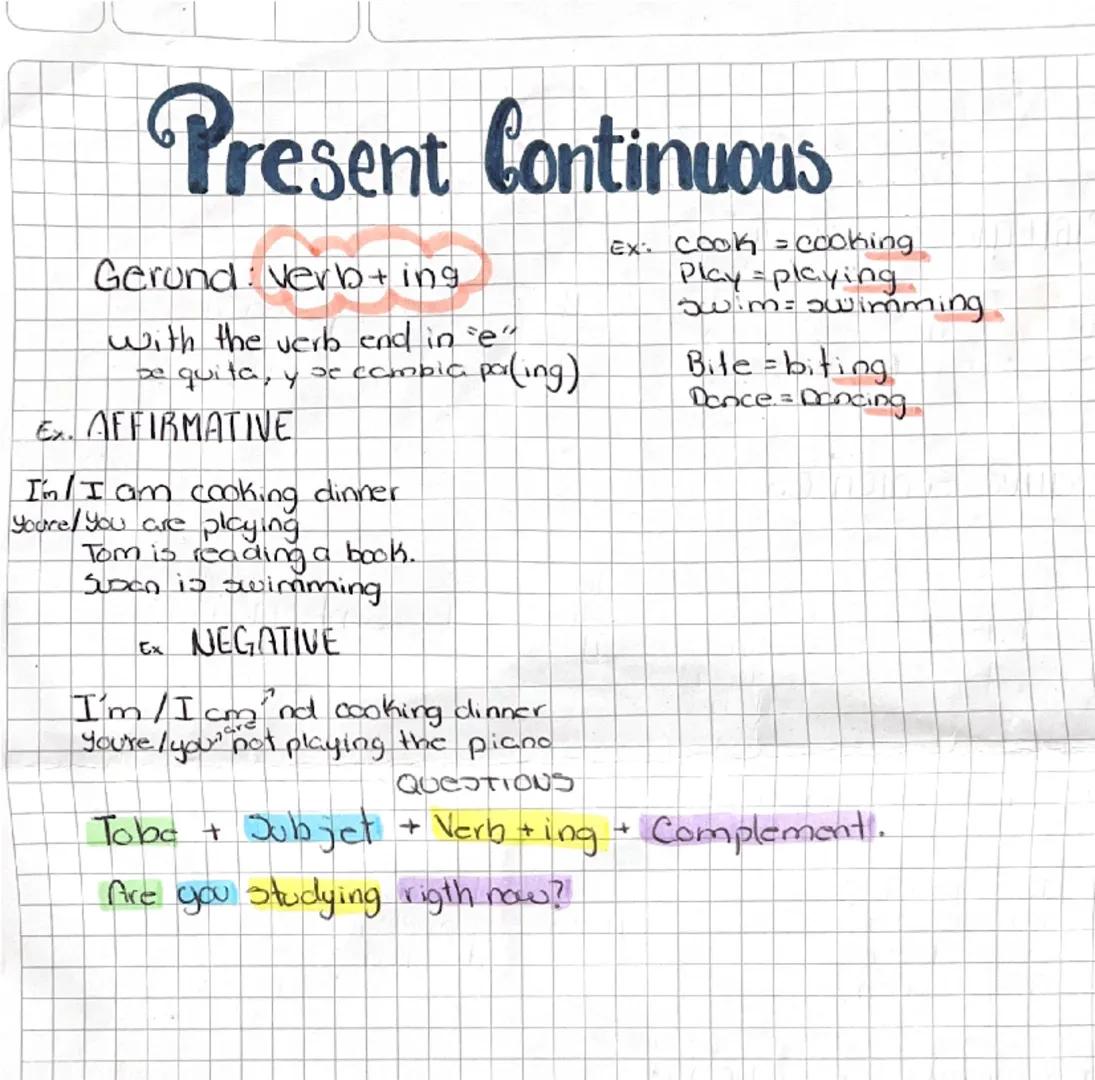 Present Continuous
Gerund: Verb + ing
with the verb end in "e"
be quita, y
be cambia
par(ing)
Ex: cook = cooking
Play-playing
swim = swimmin