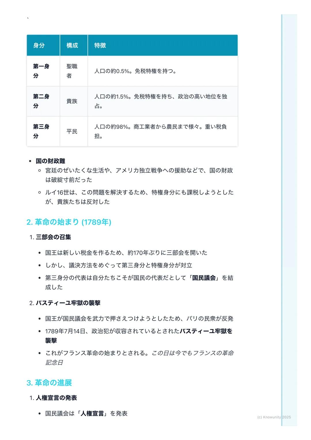 # フランス革命とナポレオン

## フランス革命の概要

18世紀末、フランスで始まった大きな社会の変化。国王が政治を行う絶対王政
を倒し、市民が中心となる近代社会を作るきっかけになった。この革命で生ま
れた「自由・平等」の考え方は、ヨーロッパ全体、そして世界中に大きな影響を
