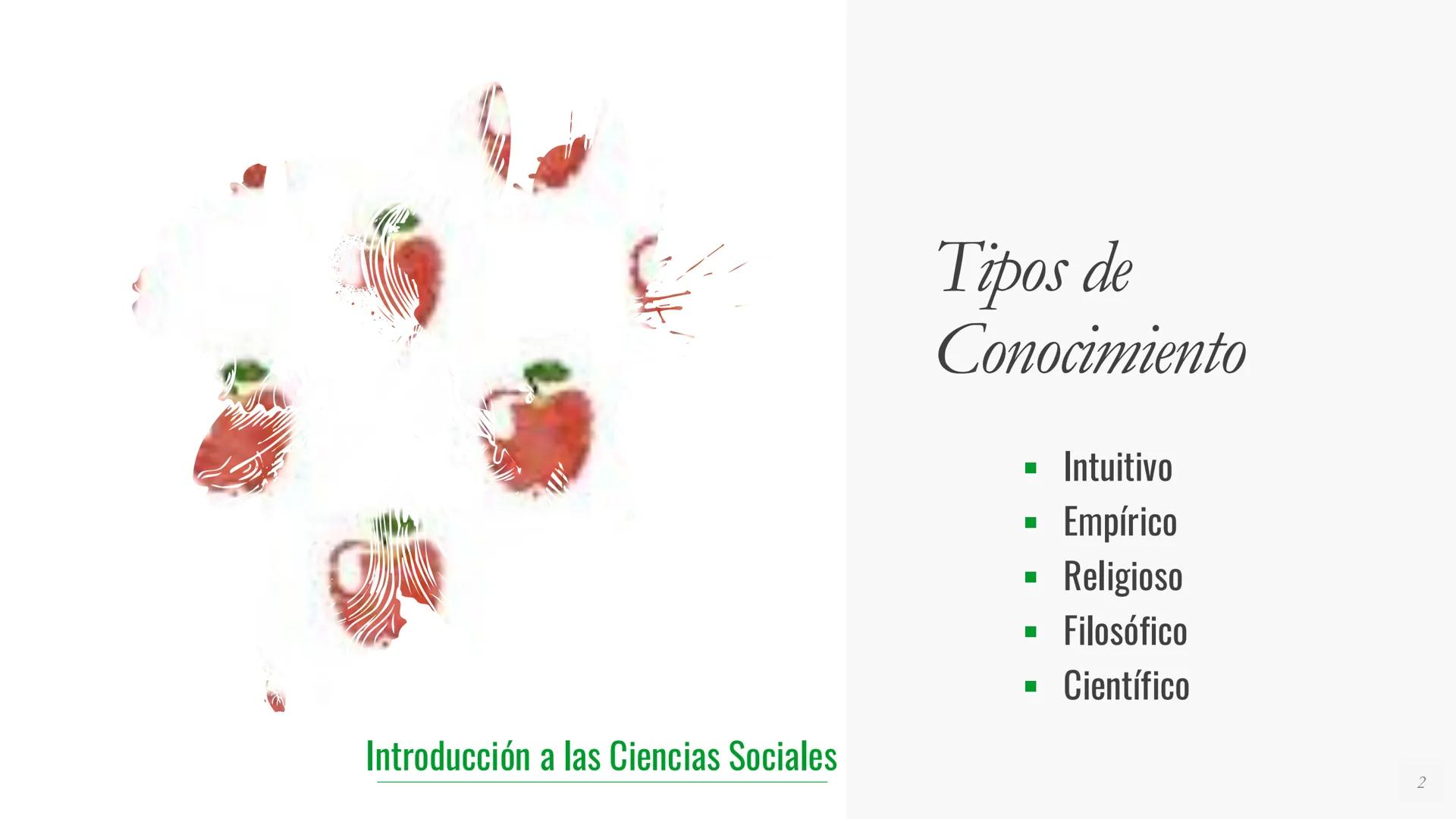 Introducción a las Ciencias Sociales
Tipos de
Conocimiento
Intuitivo
Empírico
Religioso
Filosófico
Científico
2 | Tipos de Conocimiento
Intu