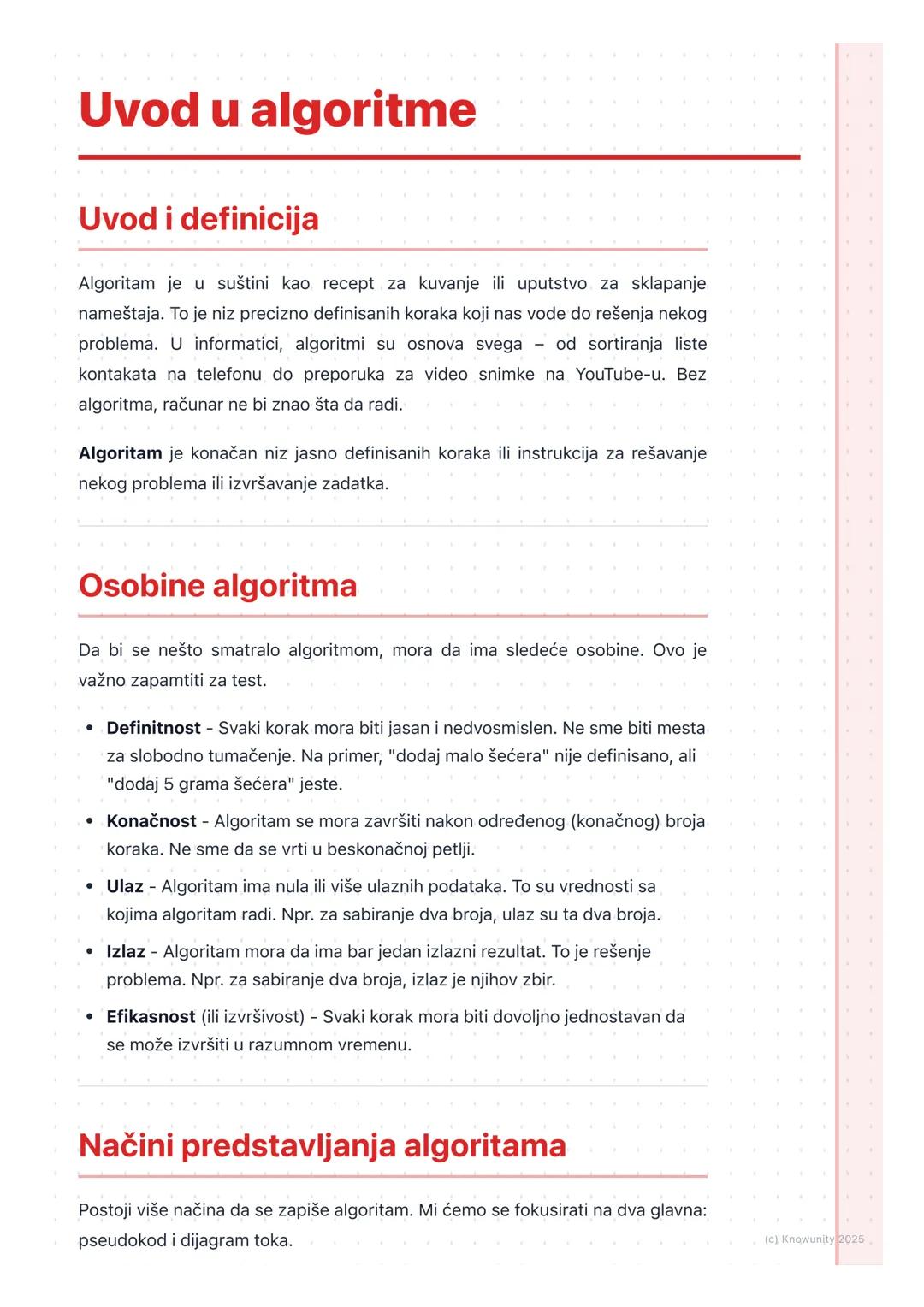 # Uvod u algoritme

## Uvod i definicija

Algoritam je u suštini kao recept za kuvanje ili uputstvo za sklapanje
nameštaja. To je niz preciz