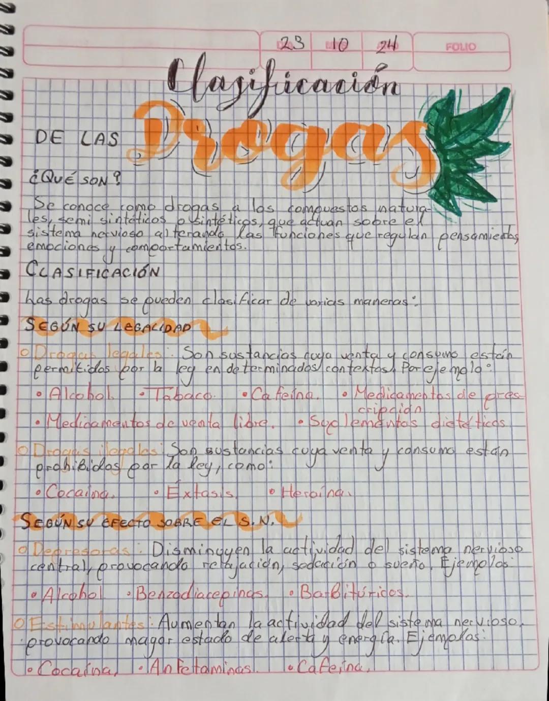 DE LAS
¿QUÉ SON ?
23 10
24
FOLIO
Clasificación
Tregas
Se conoce como drogas a los compuestos naturge
les, semi sintéticos o sintéticos, que 