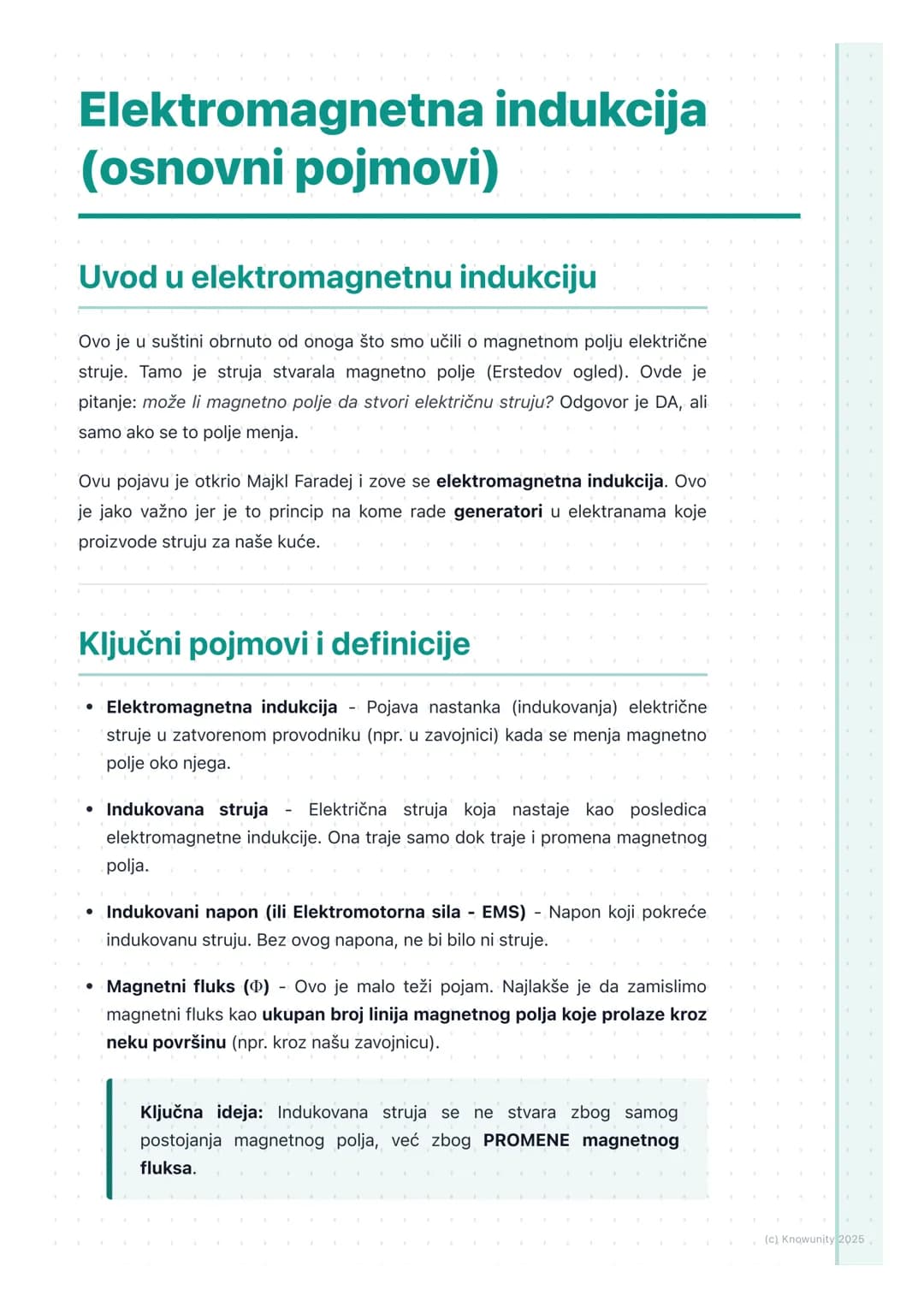 # Elektromagnetna indukcija
(osnovni pojmovi)

Uvod u elektromagnetnu indukciju

Ovo je u suštini obrnuto od onoga što smo učili o magnetnom