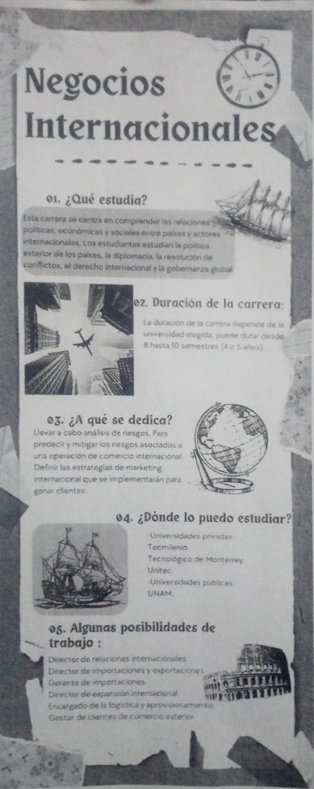 Negocios
Internacionales
01. ¿Qué estudia?
Esta carrera se centra en comprender las relaciones
politicas, económicas y sociales entre paises