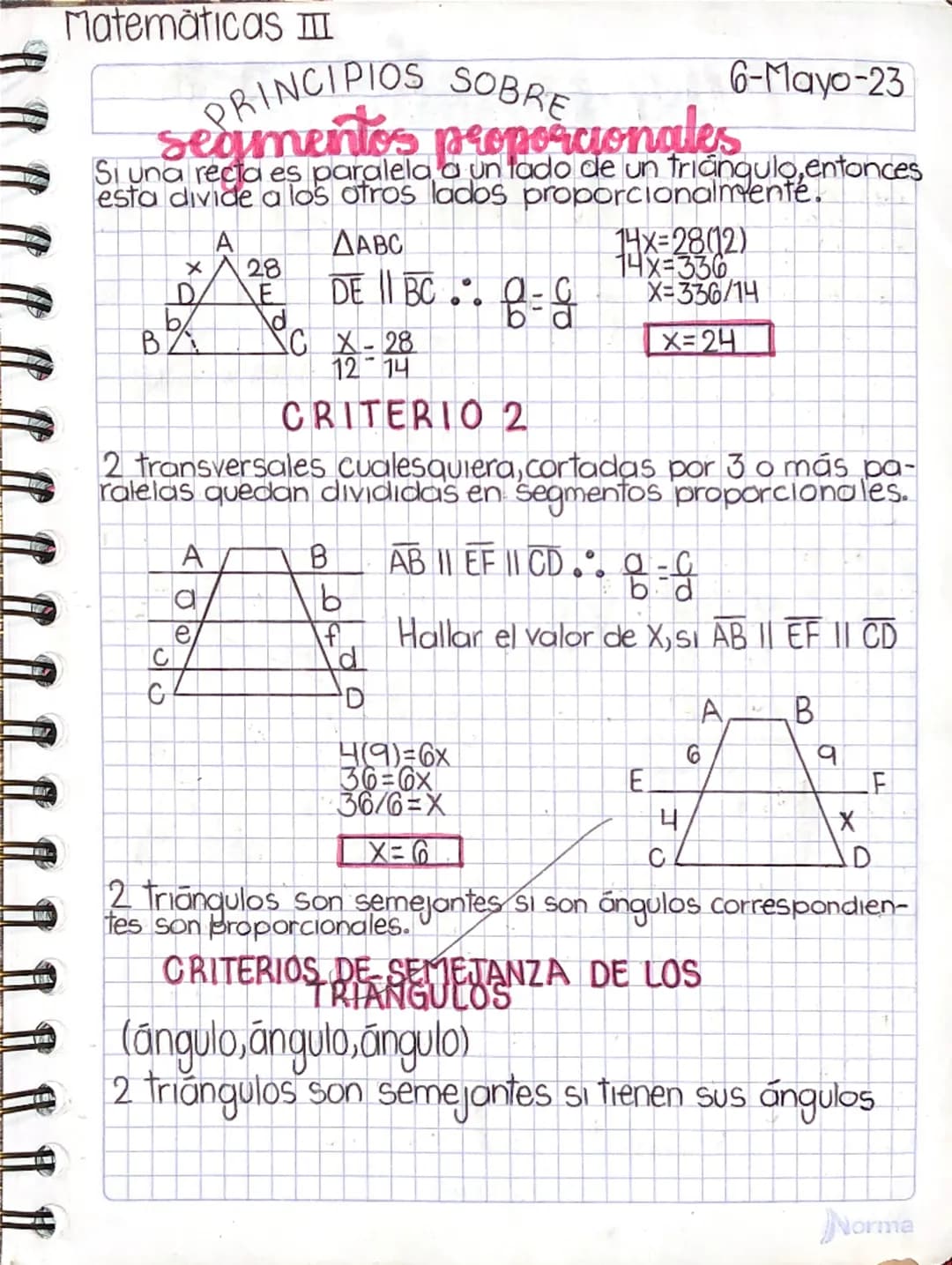 Matematicas III
PRINCIPIOS SOBRE
6-Mayo-23
segmentos proporcionales
Si una recta es paralela a un lado de un triángulo, entonces
esta divide