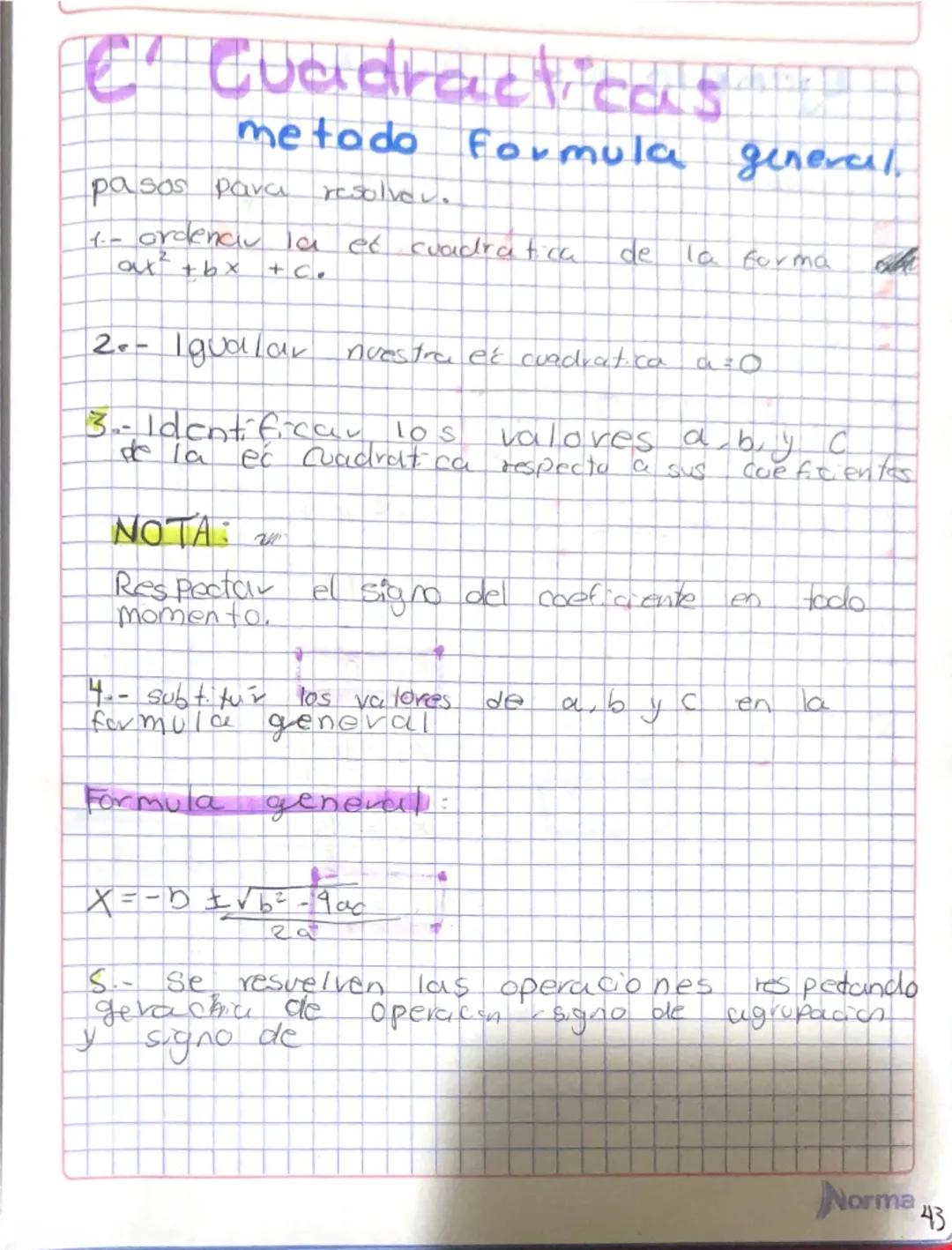 # C' Cuadracticas
metodo formula general.
pasos para resolver.
1- ordenau la et cuadratica de la forma
$ax² + bx + C$.
2.- Igualar nuestra e