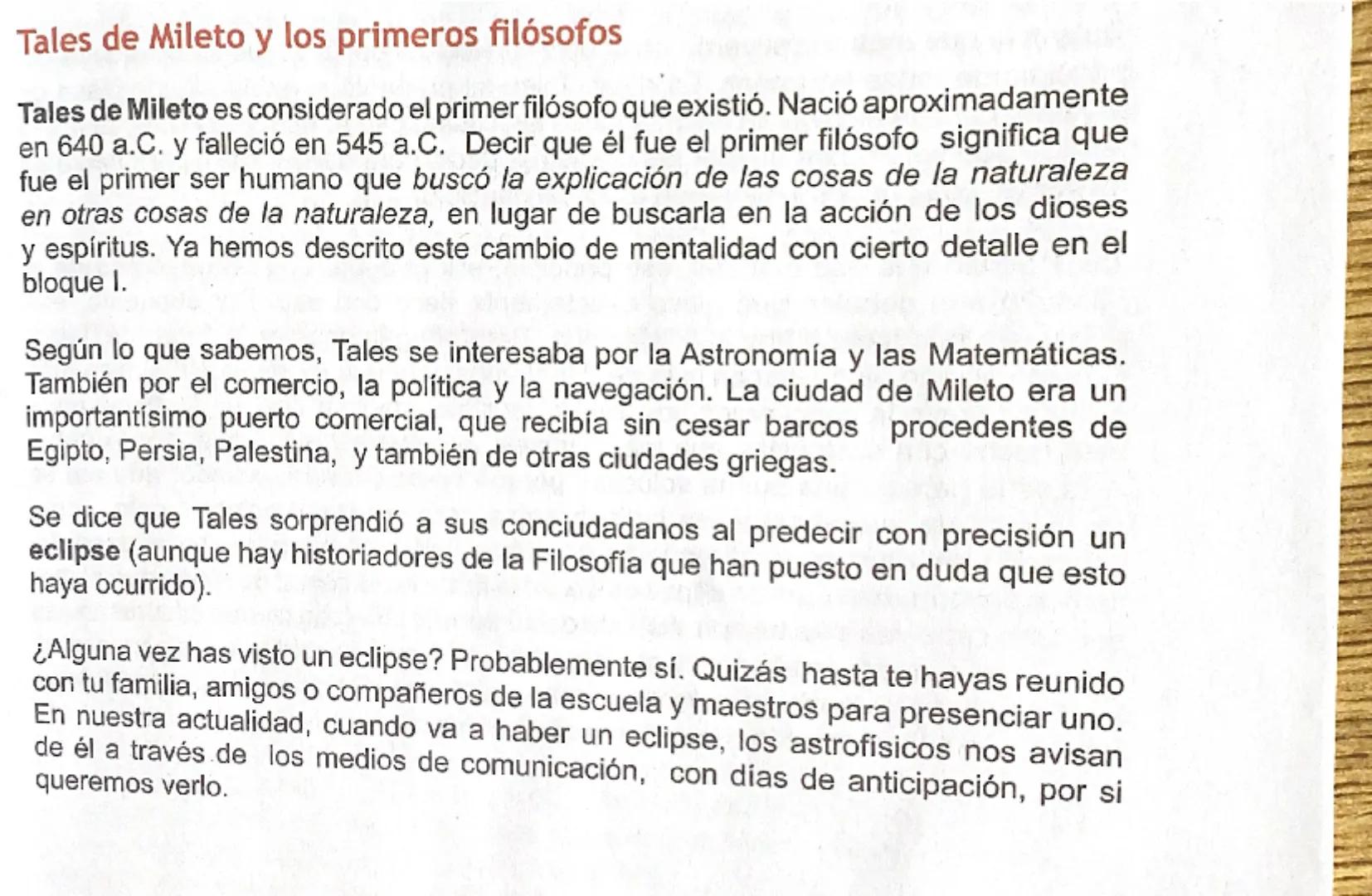 # Tales de Mileto y los primeros filósofos

Tales de Mileto es considerado el primer filósofo que existió. Nació aproximadamente
en 640 a.C.