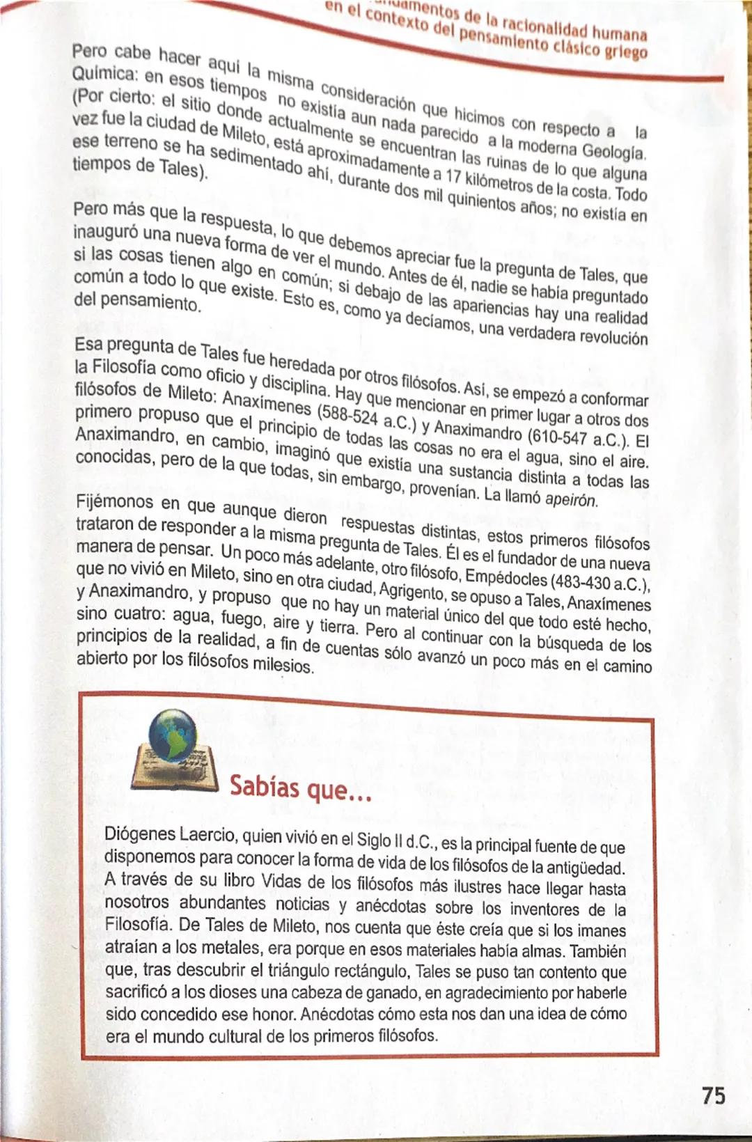 # Tales de Mileto y los primeros filósofos

Tales de Mileto es considerado el primer filósofo que existió. Nació aproximadamente
en 640 a.C.