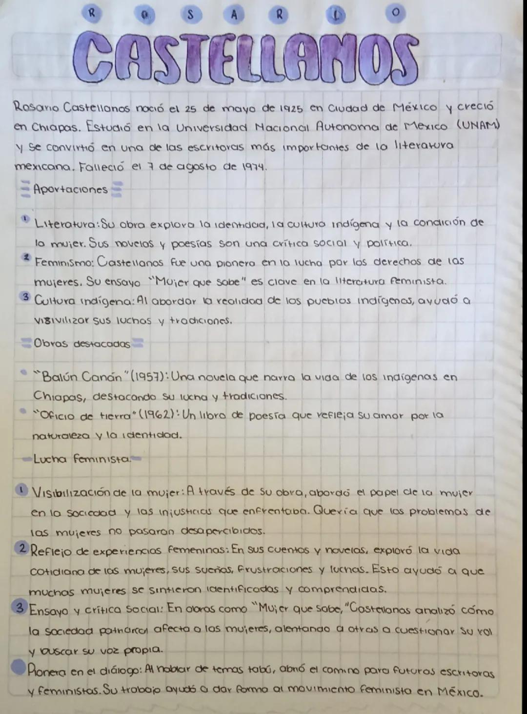 R
R
CASTELLANOS
Rosario Castellanos nació el 25 de mayo de 1925 en Ciudad de México y creció
en Chiapas. Estudió en la Universidad Nacional 