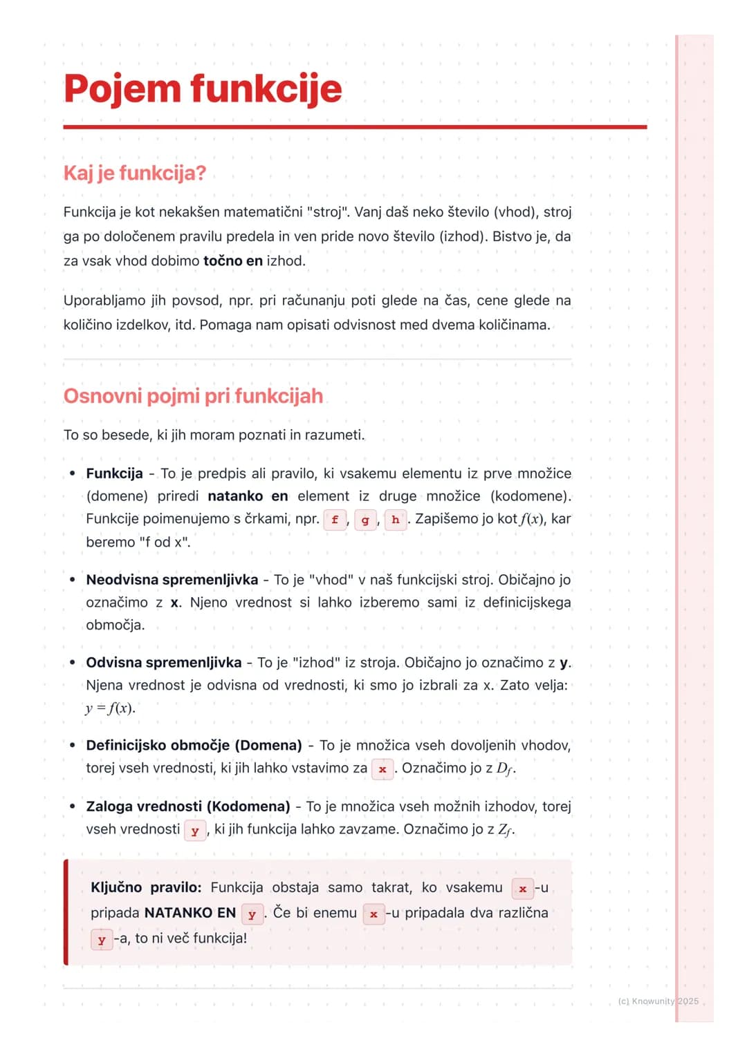 # Pojem funkcije

Kaj je funkcija?

Funkcija je kot nekakšen matematični "stroj". Vanj daš neko število (vhod), stroj
ga po določenem pravil