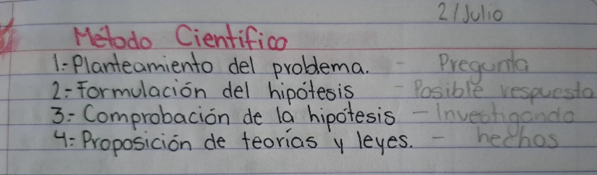 2/Julio
Método Cientifico
1. Planteamiento del problema. - Pregunta
2- Formulación del hipótesis - Posible respuesta
3. Comprobación de la h