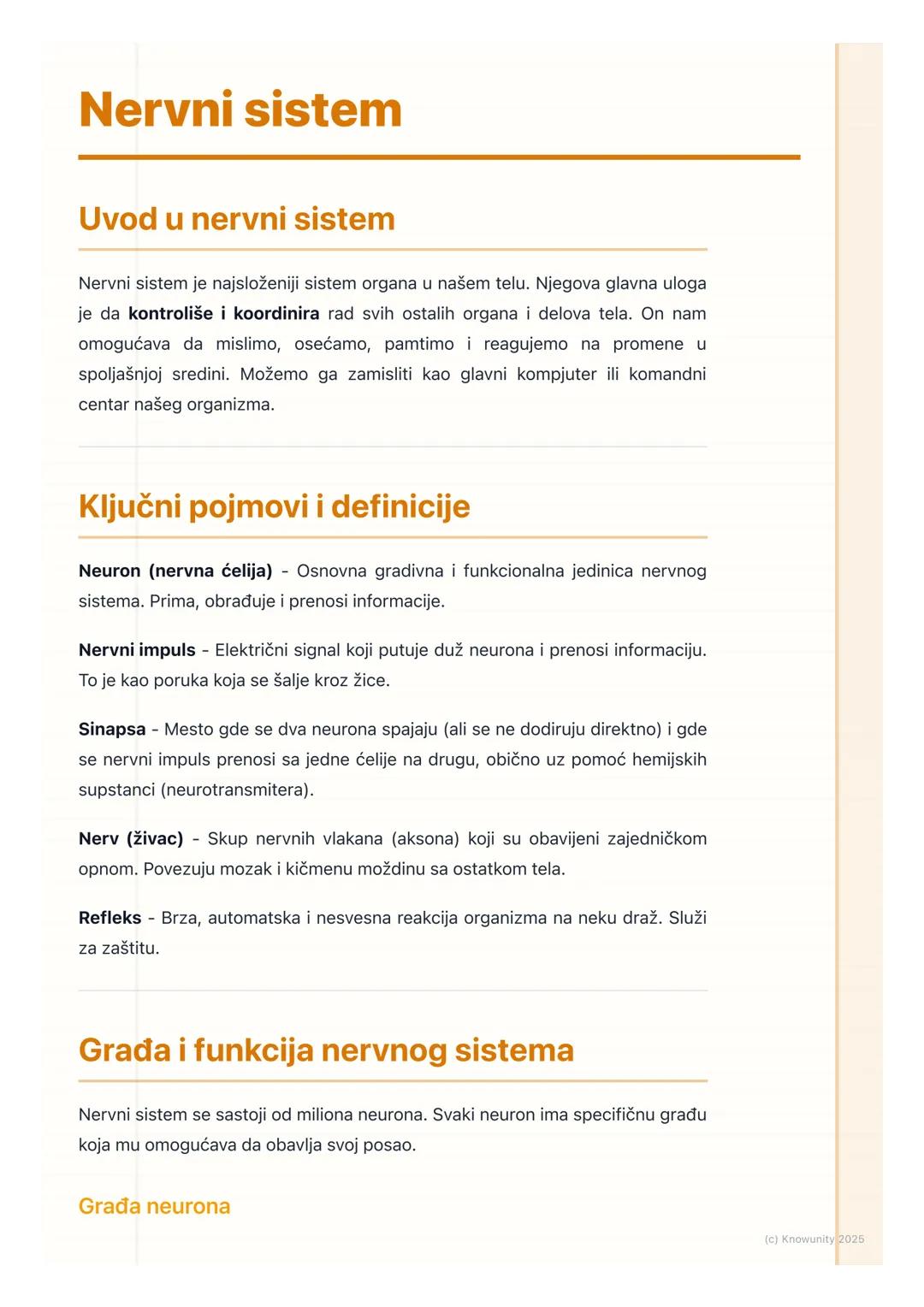 # Nervni sistem

## Uvod u nervni sistem

Nervni sistem je najsloženiji sistem organa u našem telu. Njegova glavna uloga
je da kontroliše i 