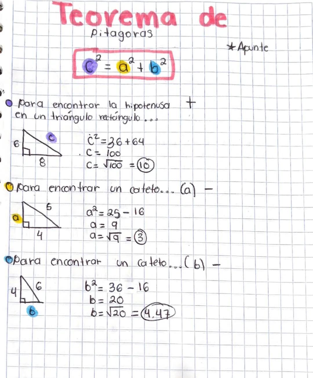# Teorema de

Pitagoras

$C^2= a^2+b^2$

*Apunte

*   Para encontrar la hipotenusa +
*   en un triángulo rectángulo...

6

8

$C^2=36+64$
$C