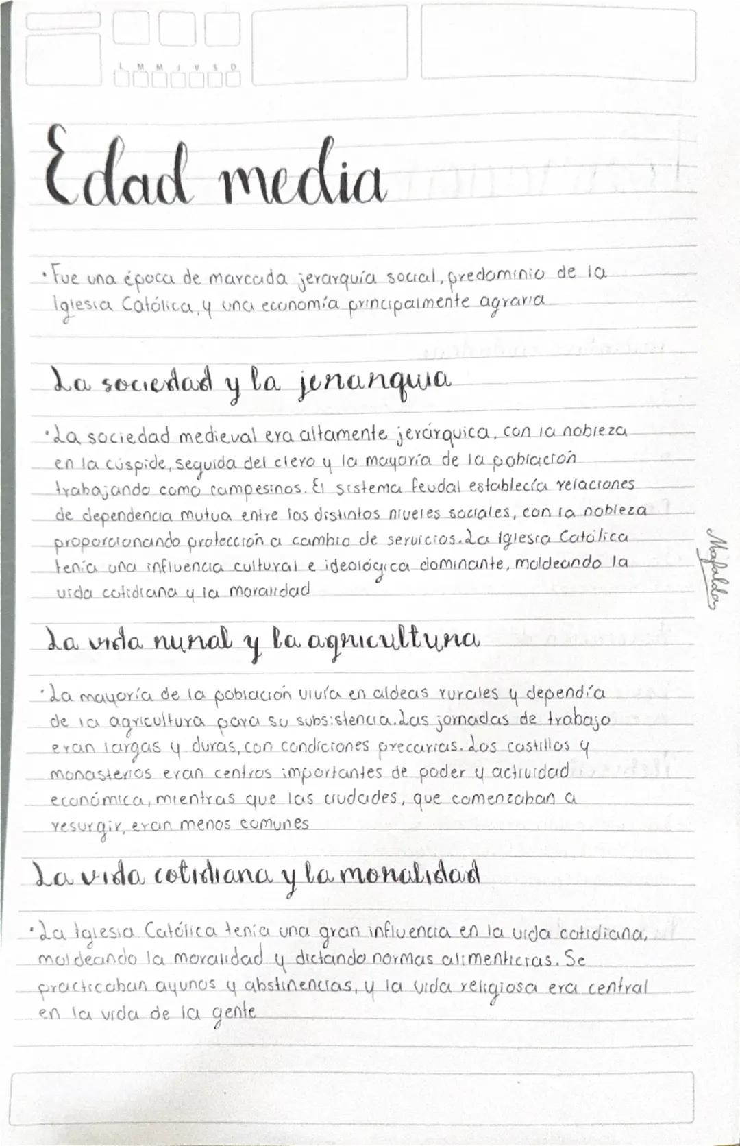 --- OCR Start ---
Mafaldas
Edad media
•Fue una época de marcada jerarquía social, predominio de la
Iglesia Católica, y una economía principa