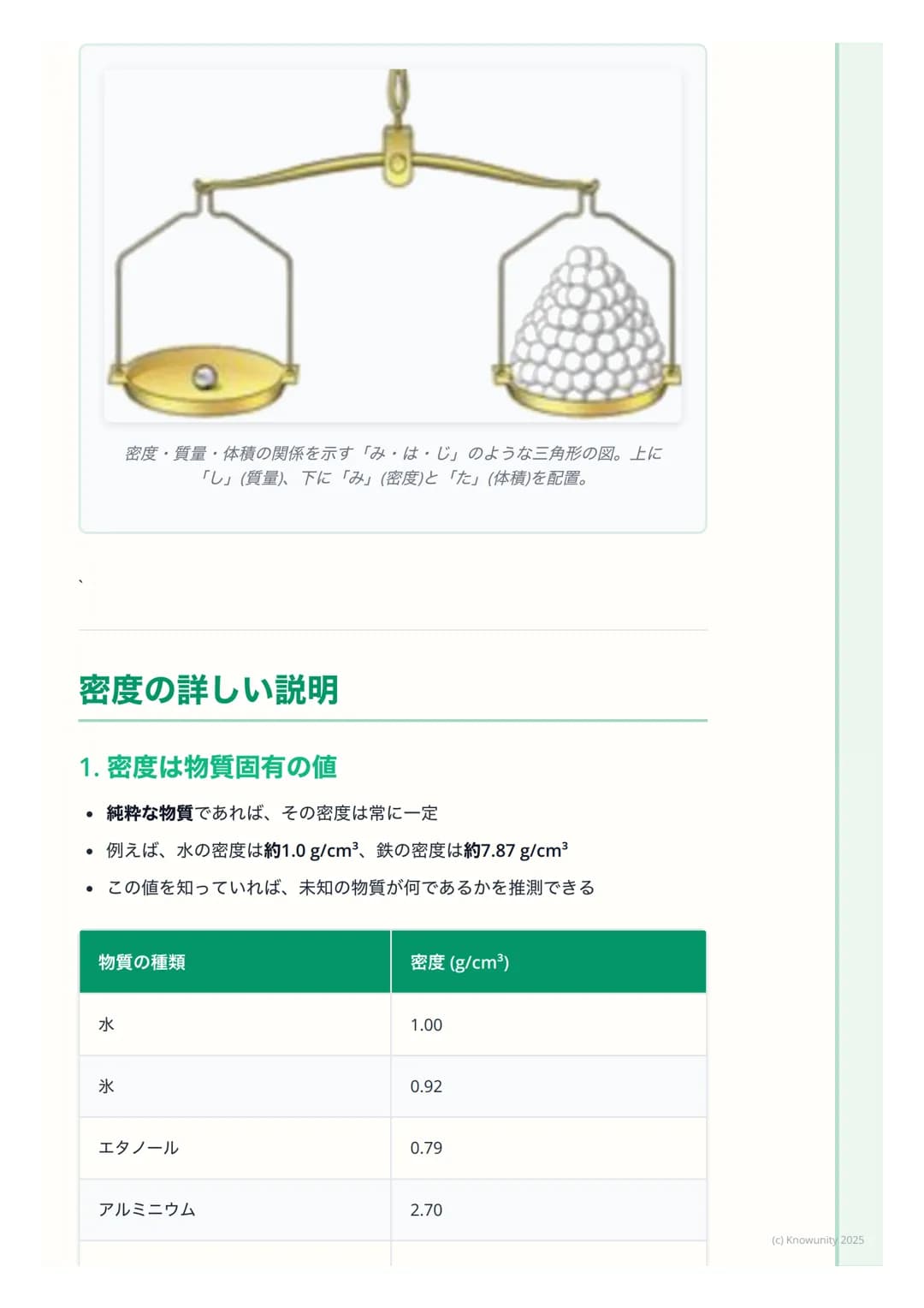 # 密度

## 密度とは何か

物質がどれくらい「ぎっしり」 つまっているかを表す量のこと同じ体積でも、
物質の種類によって質量は違う例えば、同じ大きさの発泡スチロールと鉄の塊
では、鉄の方がずっと重いこれは、鉄の方が密度が大きいから

密度は、物質を見分けるための手がかりにな