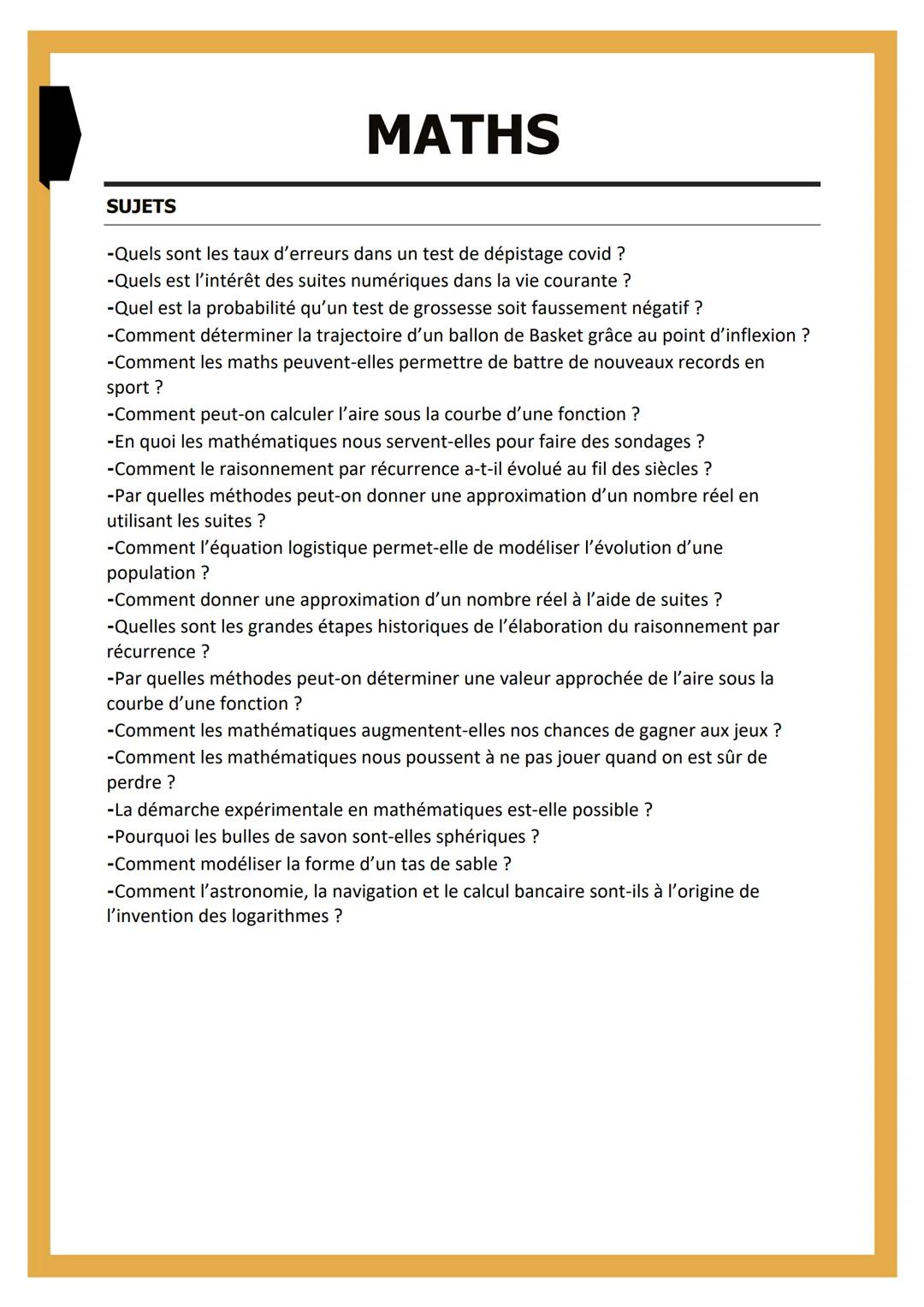 # MATHS

SUJETS

-Quels sont les taux d'erreurs dans un test de dépistage covid?
-Quels est l'intérêt des suites numériques dans la vie cour