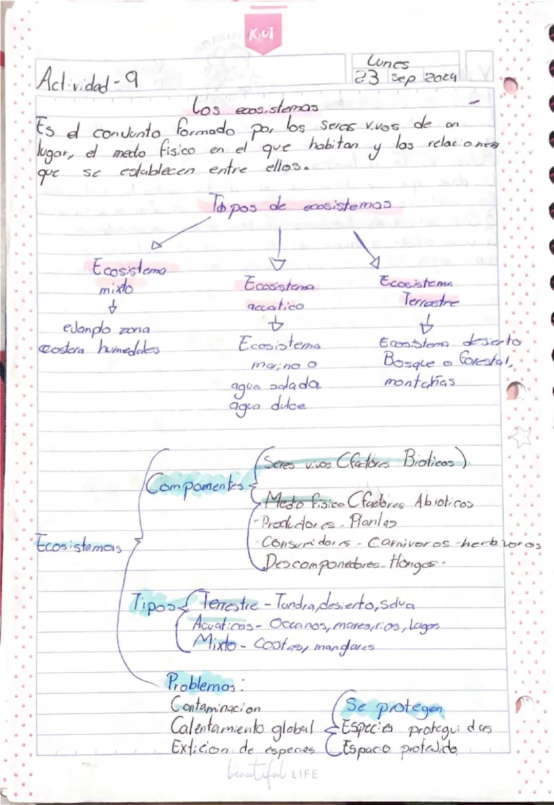 Actividad-9

Los ecosistemas
Lunes
23 Sep 2024
Es el conjunto formado por los seres vivos de on
lugar, el medo fisico en el que habitan y la