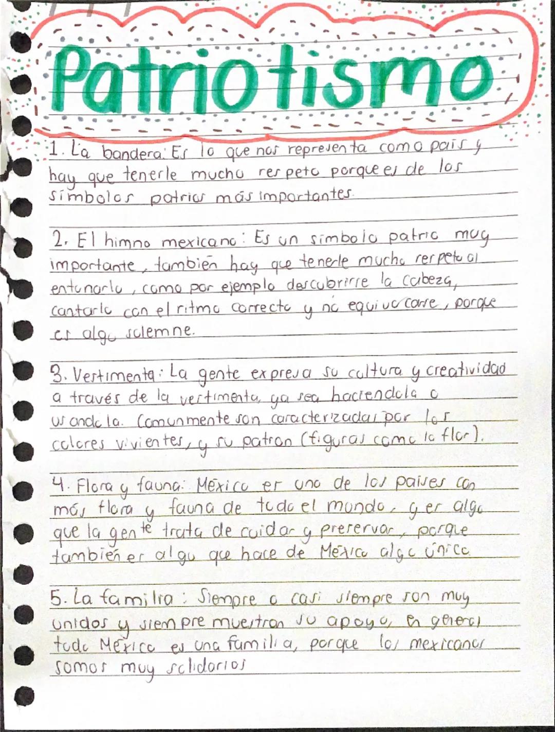 # Patriotismo

1. La bandera: Es lo que nos representa como país y hay que tenerle mucho respeto porque es de los símbolos patrios más impor