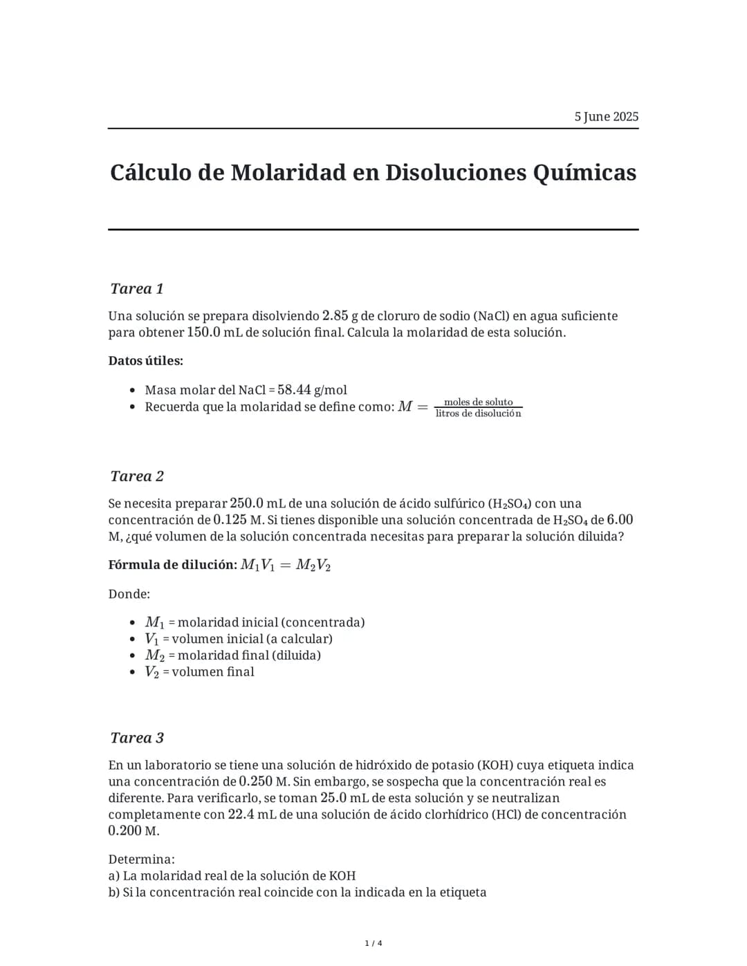 Cálculo de Molaridad en Disoluciones Químicas