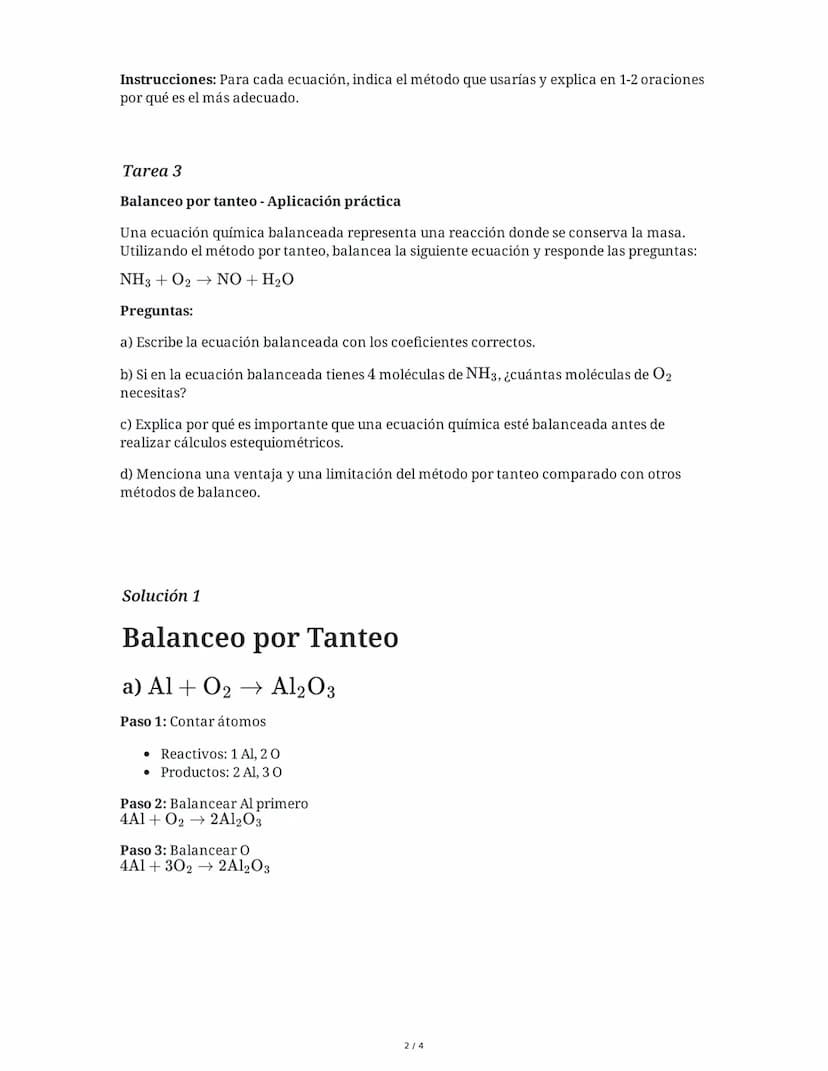 29 May 2025
Balanceo de Ecuaciones Químicas: Métodos y
Estequiometría
Tarea 1
Balanceo por tanteo
Balancea las siguientes ecuaciones química