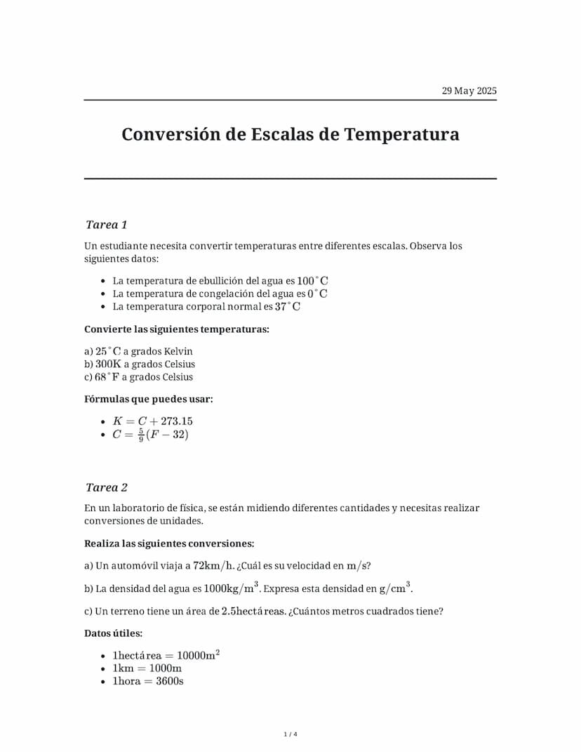 # Conversión de Escalas de Temperatura

29 May 2025

## Tarea 1

Un estudiante necesita convertir temperaturas entre diferentes escalas. Obs