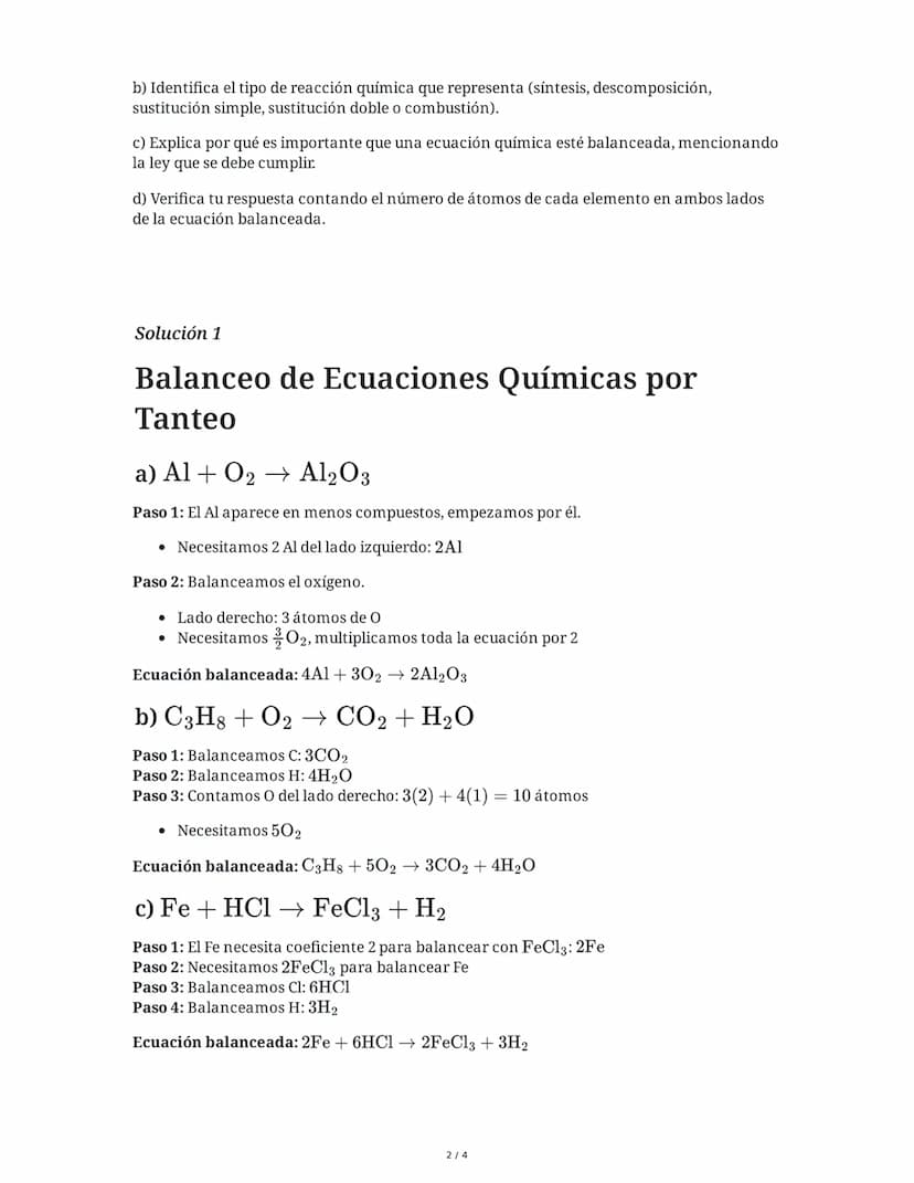 # Balanceo de Ecuaciones Químicas por Tanteo

2 June 2025

## Tarea 1

Balancea las siguientes ecuaciones químicas utilizando el método de t