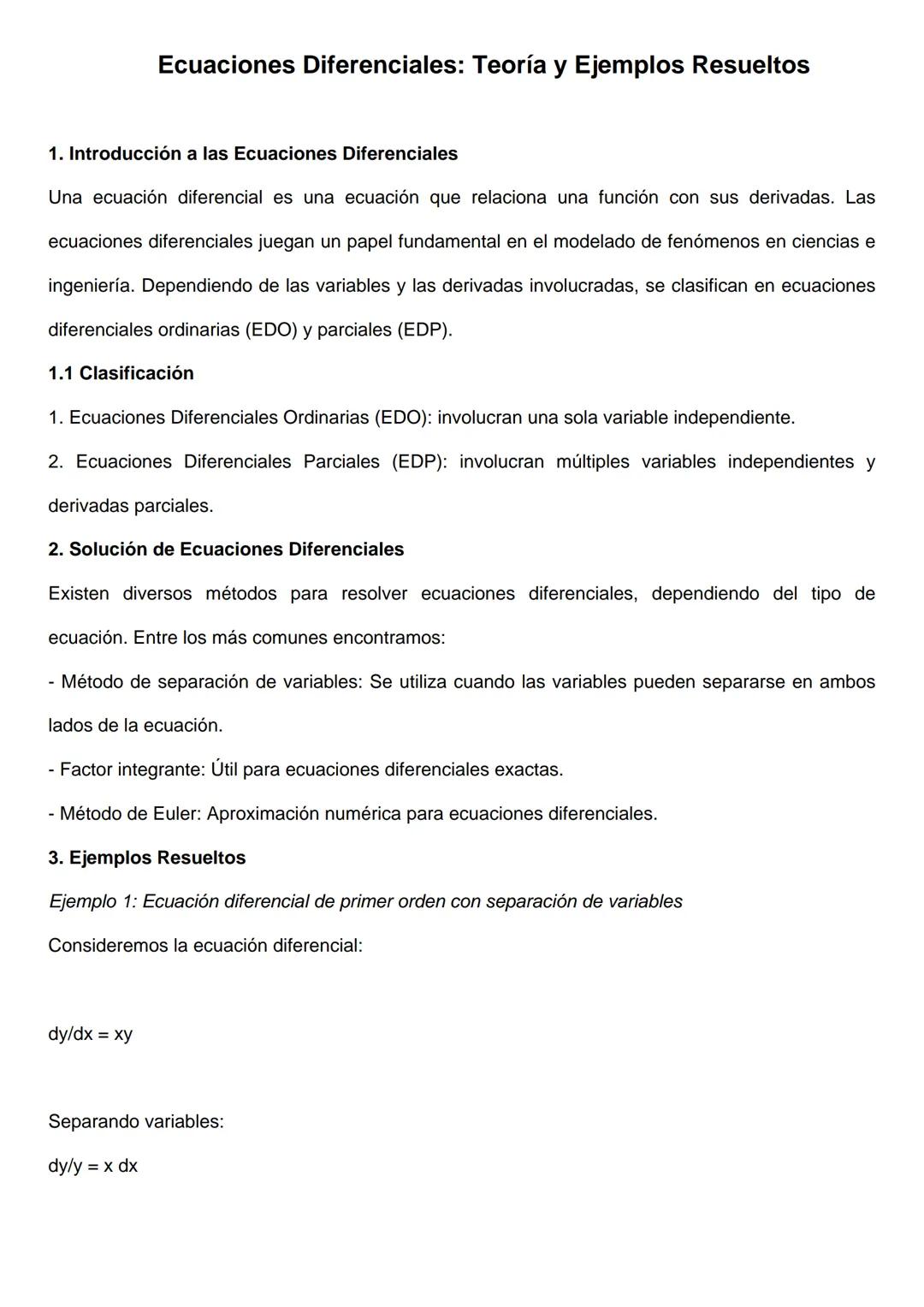 # Ecuaciones Diferenciales: Teoría y Ejemplos Resueltos
1. Introducción a las Ecuaciones Diferenciales
Una ecuación diferencial es una ecu