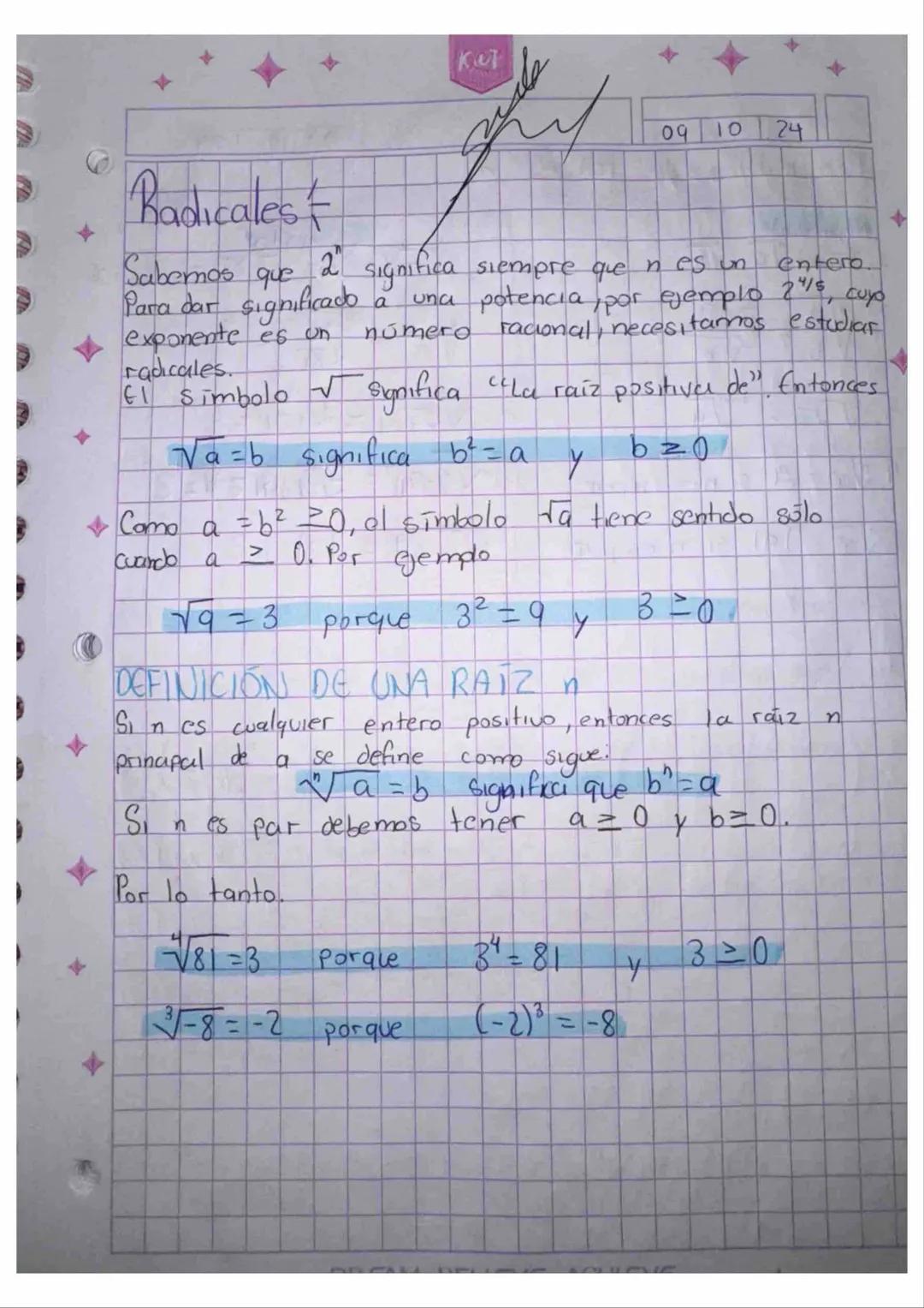 +
09 10 24
# Radicales
Sabemos que 2 significa siempre que n es un entero.
Para dar significado a una potencia, por ejemplo 2%s, cuyo
expon
