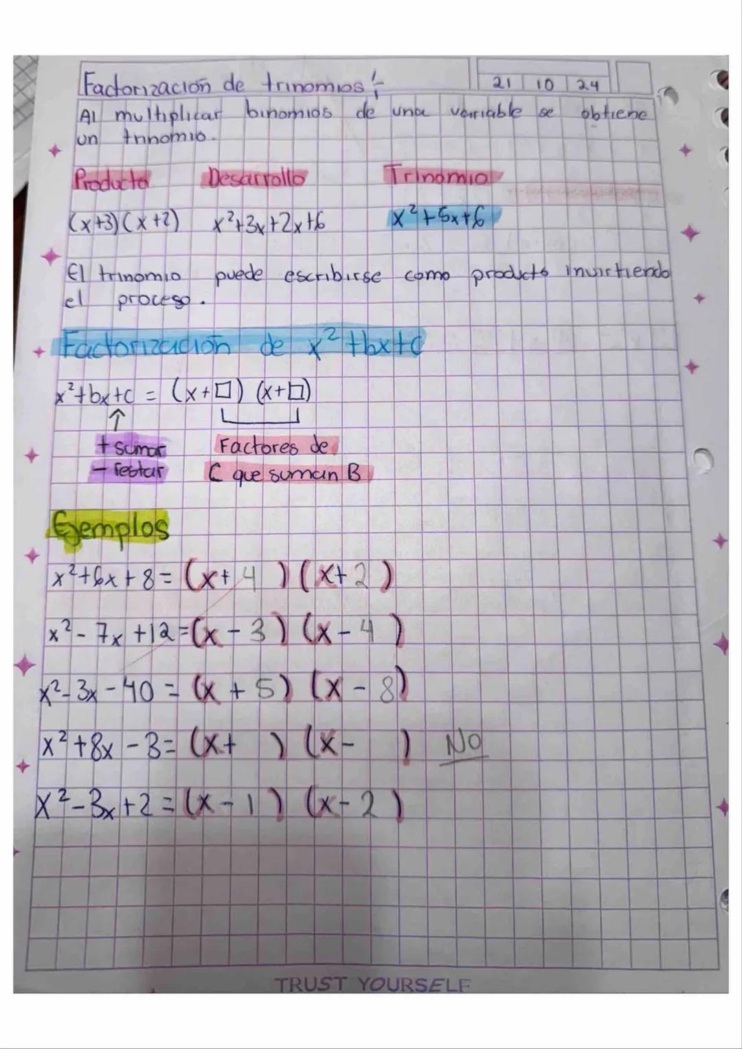 Factorización de trinomios-
21 10 24
Al multiplicar binomios de una variable se obtiene
un tinomio
Producto Desarrollo Trinomio
(x+3) (x+2)