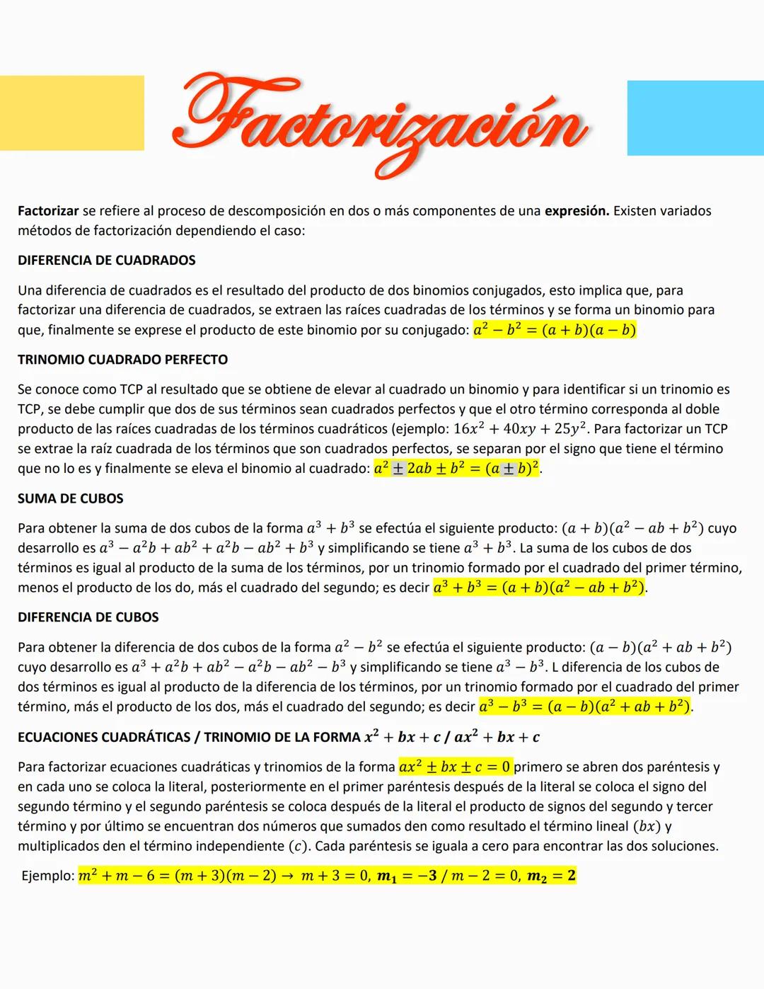 Factorización
Factorizar se refiere al proceso de descomposición en dos o más componentes de una expresión. Existen variados
métodos de fact