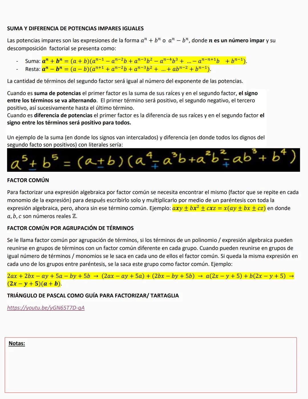 Factorización
Factorizar se refiere al proceso de descomposición en dos o más componentes de una expresión. Existen variados
métodos de fact