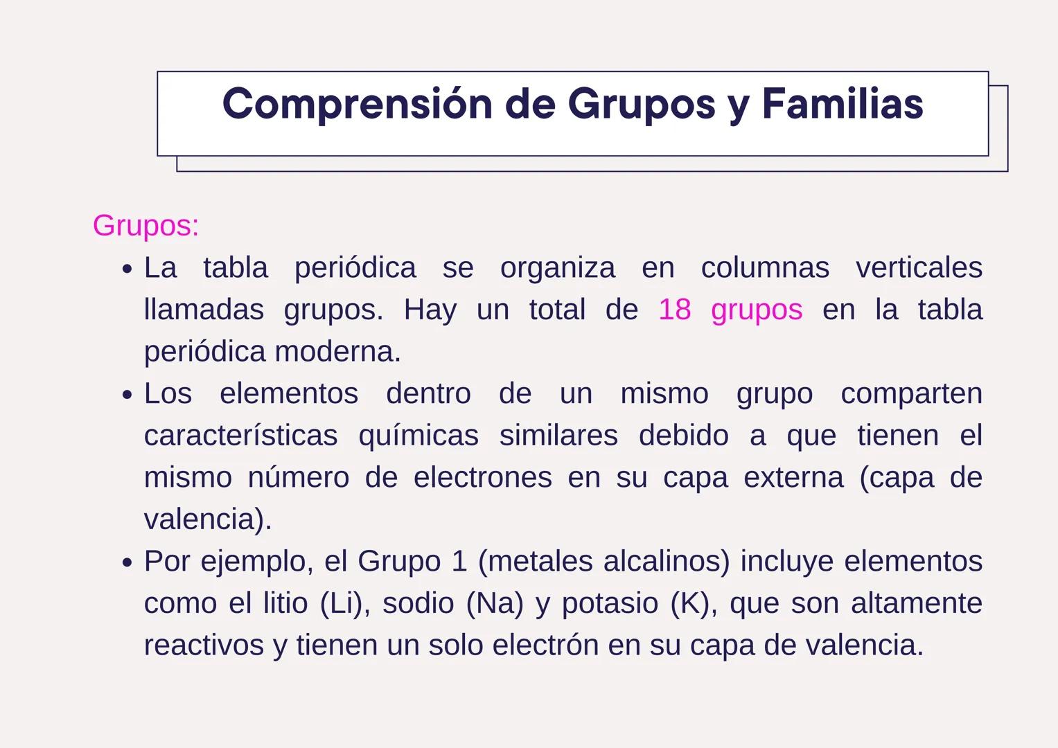 # Comprensión de Grupos y Familias
Grupos:
* La tabla periódica se organiza en columnas verticales
Ilamadas grupos. Hay un total de 18 g