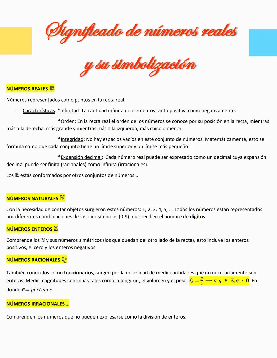 Significado de números reales
NÚMEROS REALES R
y su simbolización
Números representados como puntos en la recta real.
Características: *Infi