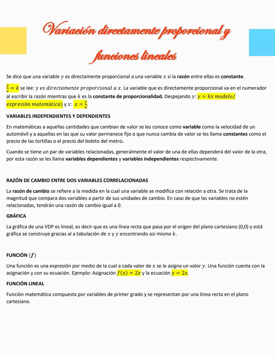 # Variación directamente proporcional y
funciones lineales
Se dice que una variable y es directamente proporcional a una variable x si la r