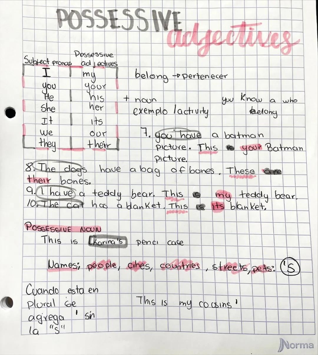 # POSSESSIVE
## adjectives
| Subject pronas | Possessive adjectives |
|---|---|
| I | my |
| you | your |
| He | his |
| She | her |
| It
