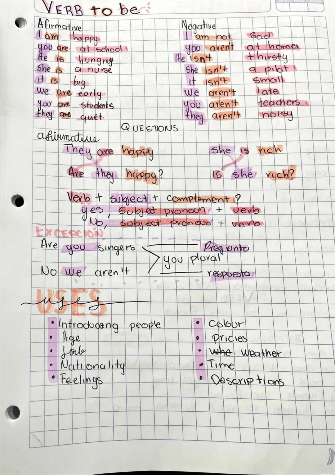 VERB to be
Afirmative
I am happy
you are at school
He IS hungrig
She is a nurse
it is big
we are early
You are students
they are quet
QUES